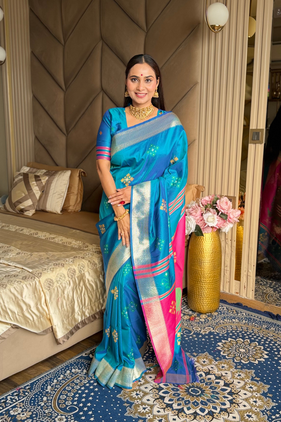 Rama Soft Silk Ikkat Patola Saree with Meenakari Motifs Peacock Pallu and Gold Zari Border