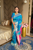 Rama Soft Silk Ikkat Patola Saree with Meenakari Motifs Peacock Pallu and Gold Zari Border