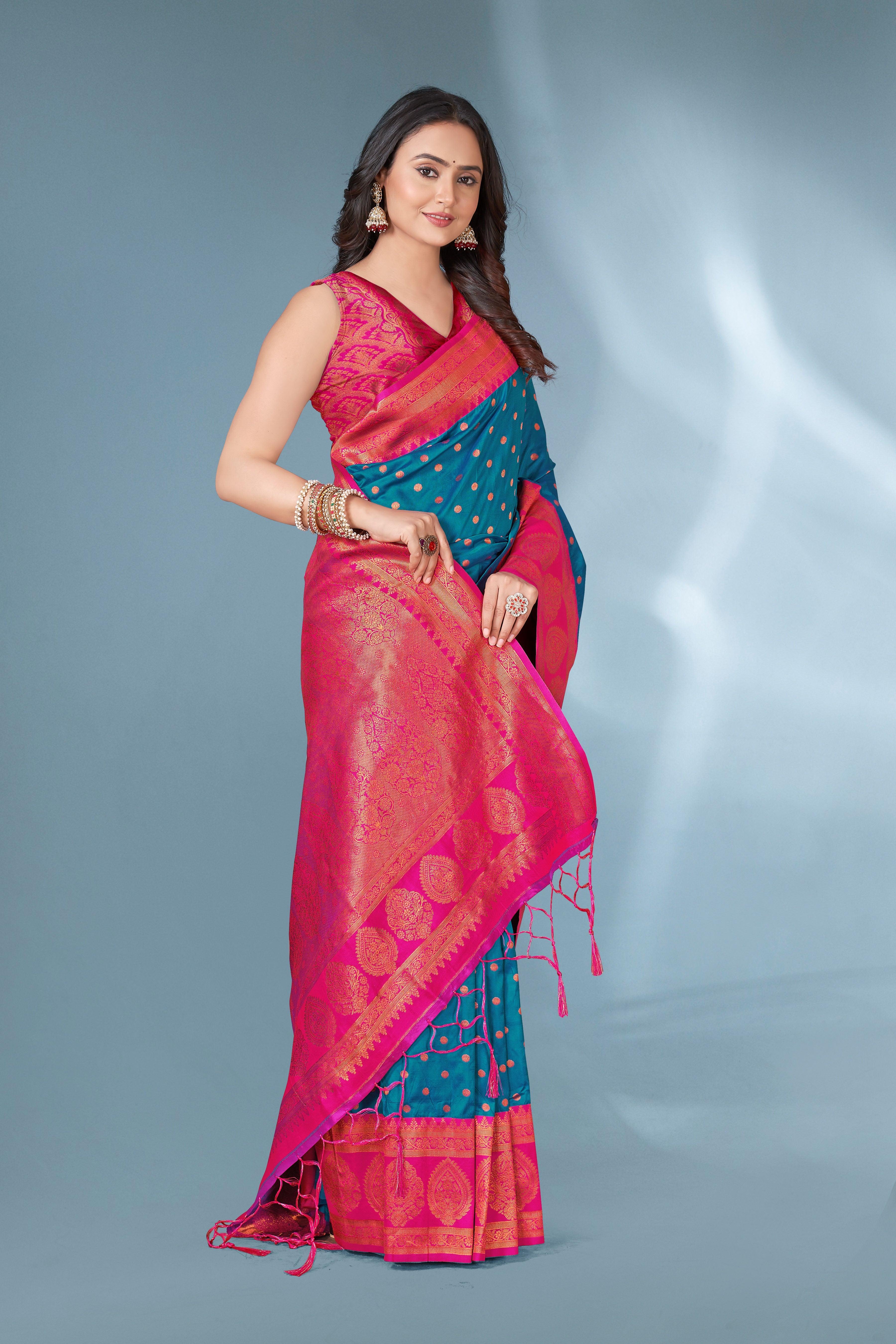 Cyan Blue Polka Paithani Silk Contrast Zari Woven Saree with Unstitched Blouse