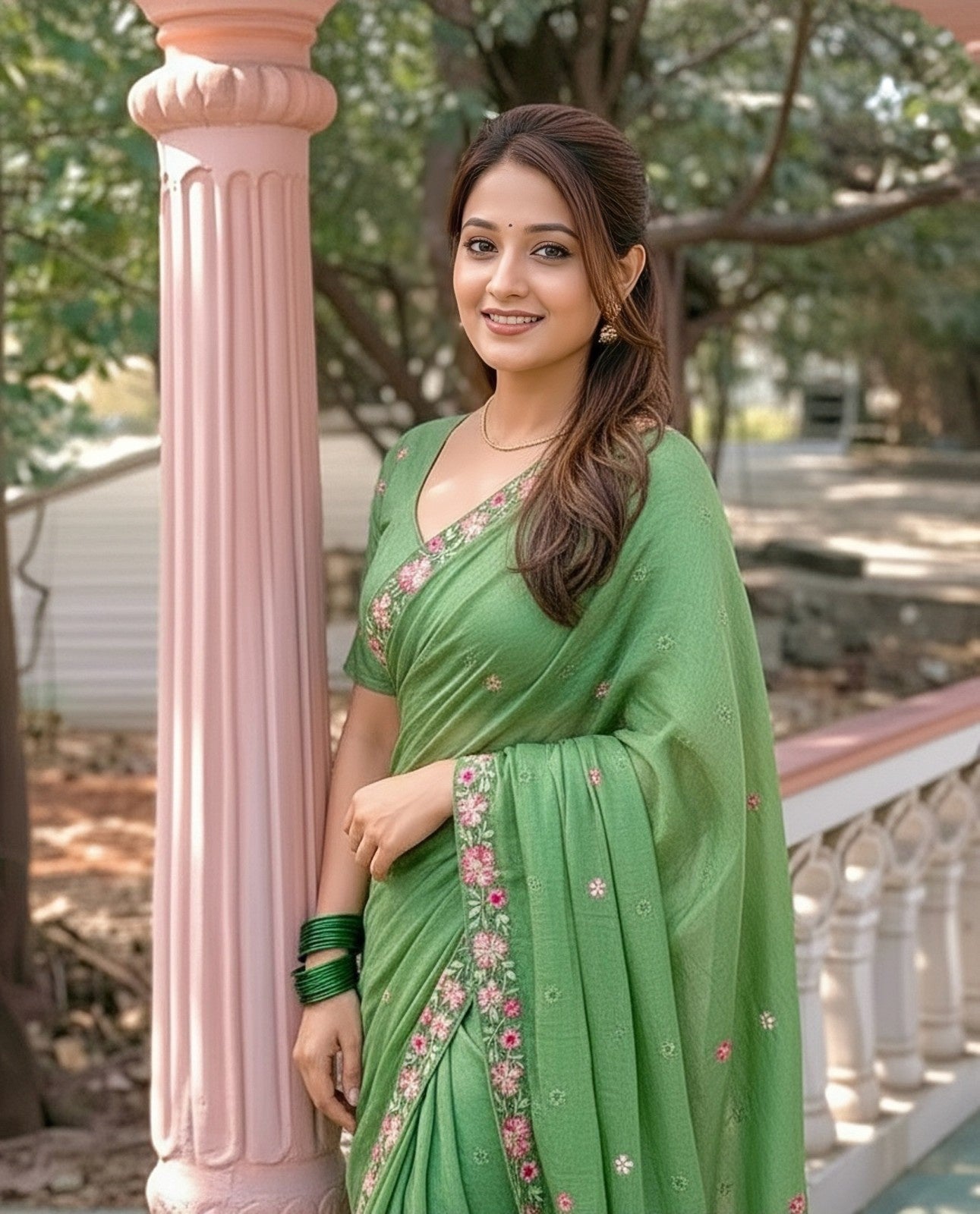 Pista Green Pure Crush Embroidered Saree with Multicolor Floral Motifs and Cutwork Border