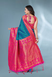 Cyan Blue Polka Paithani Silk Contrast Zari Woven Saree with Unstitched Blouse