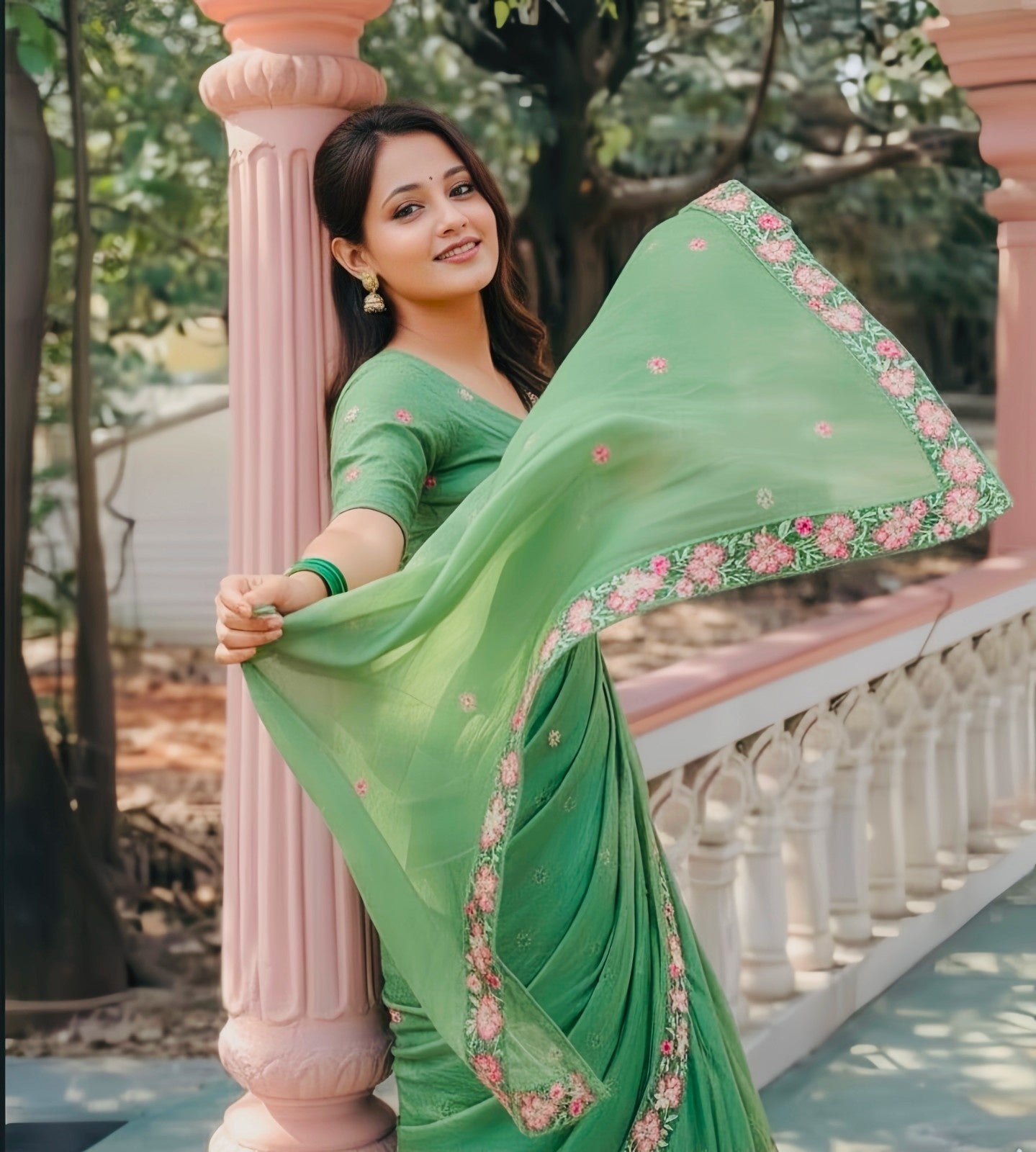 Pista Green Pure Crush Embroidered Saree with Multicolor Floral Motifs and Cutwork Border