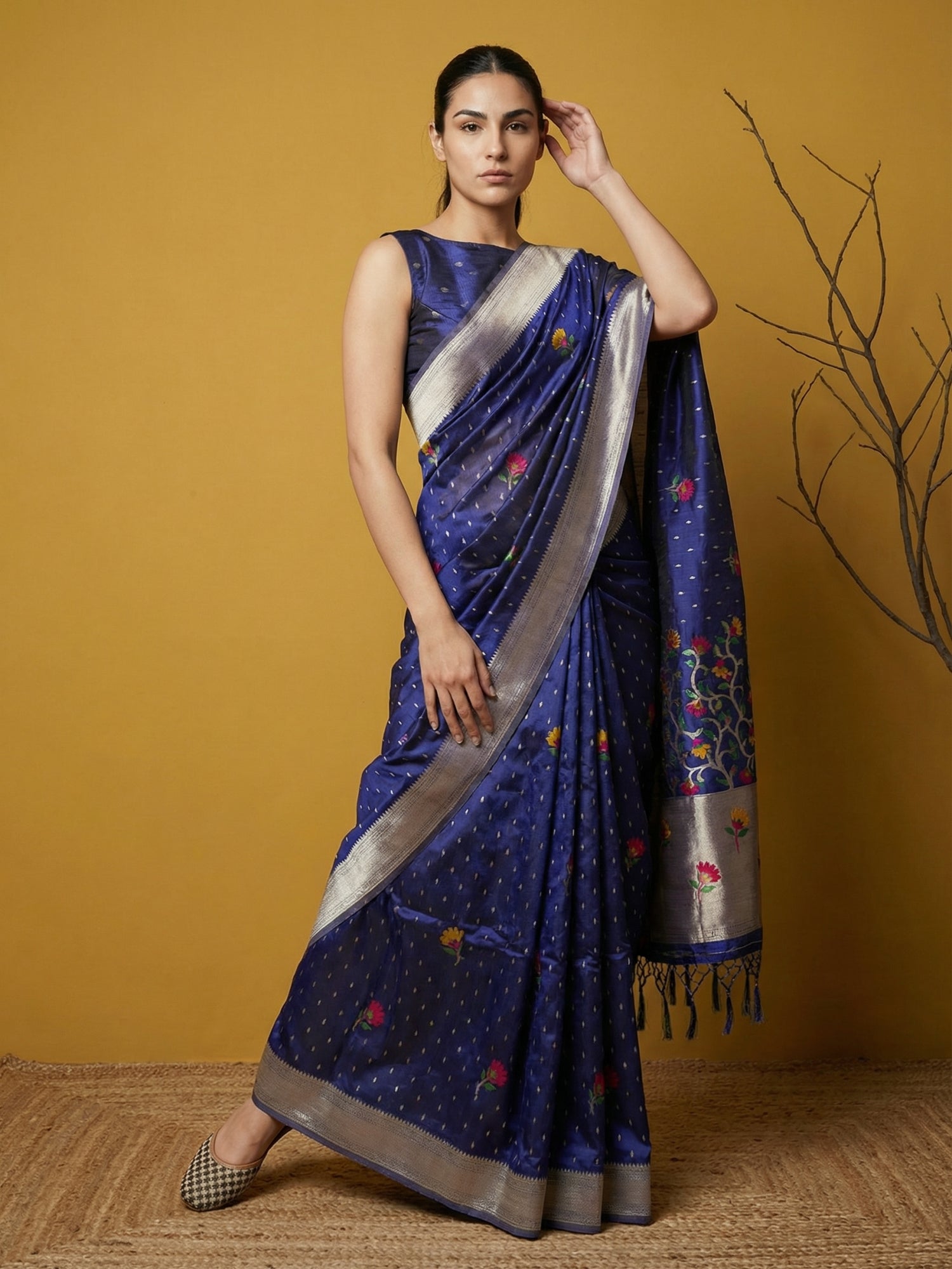 festive royal blue saree with rich jamdani pallu and brocade blouse