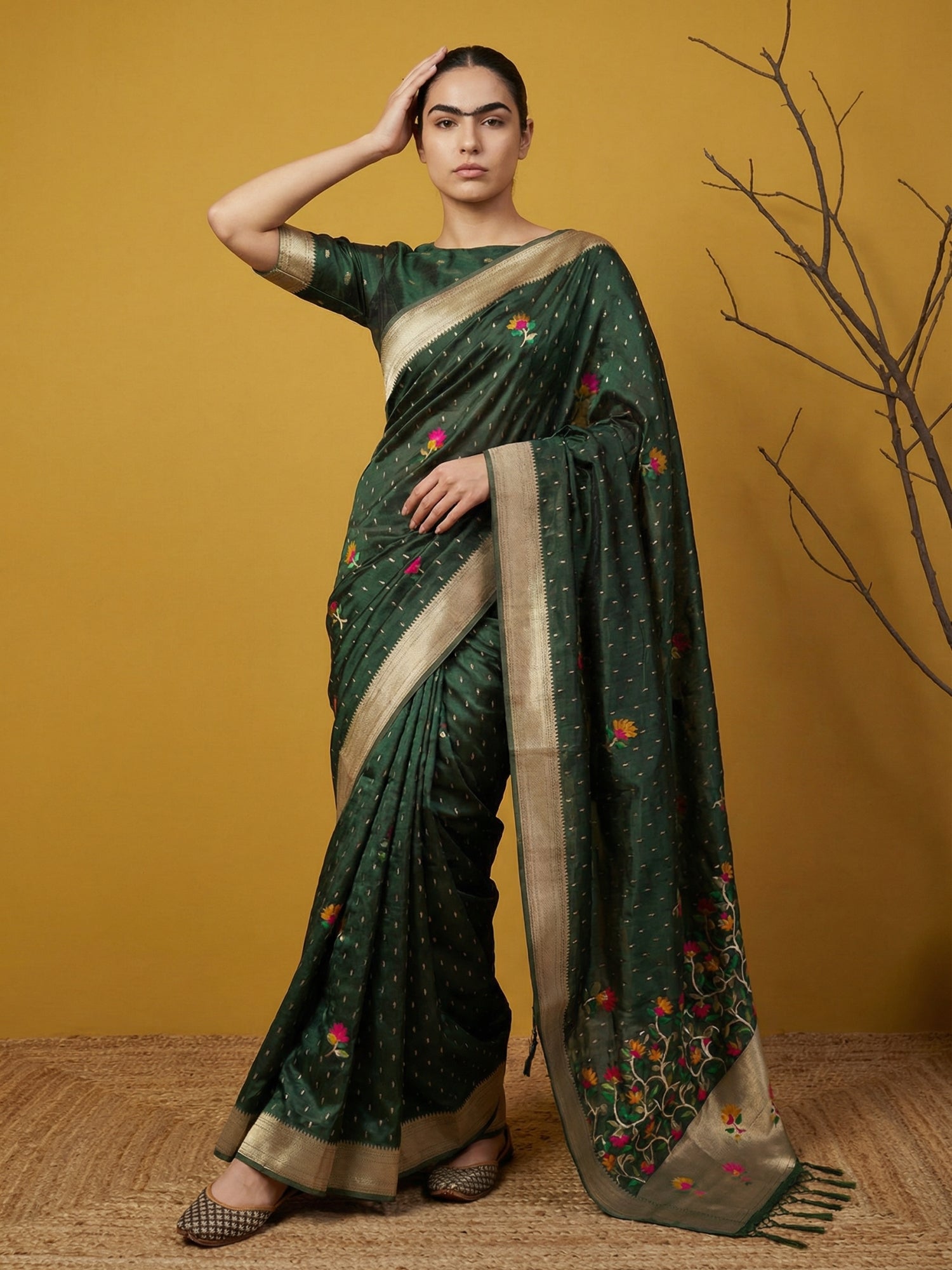 festive wear organza saree with rich jamdani pallu and brocade blouse