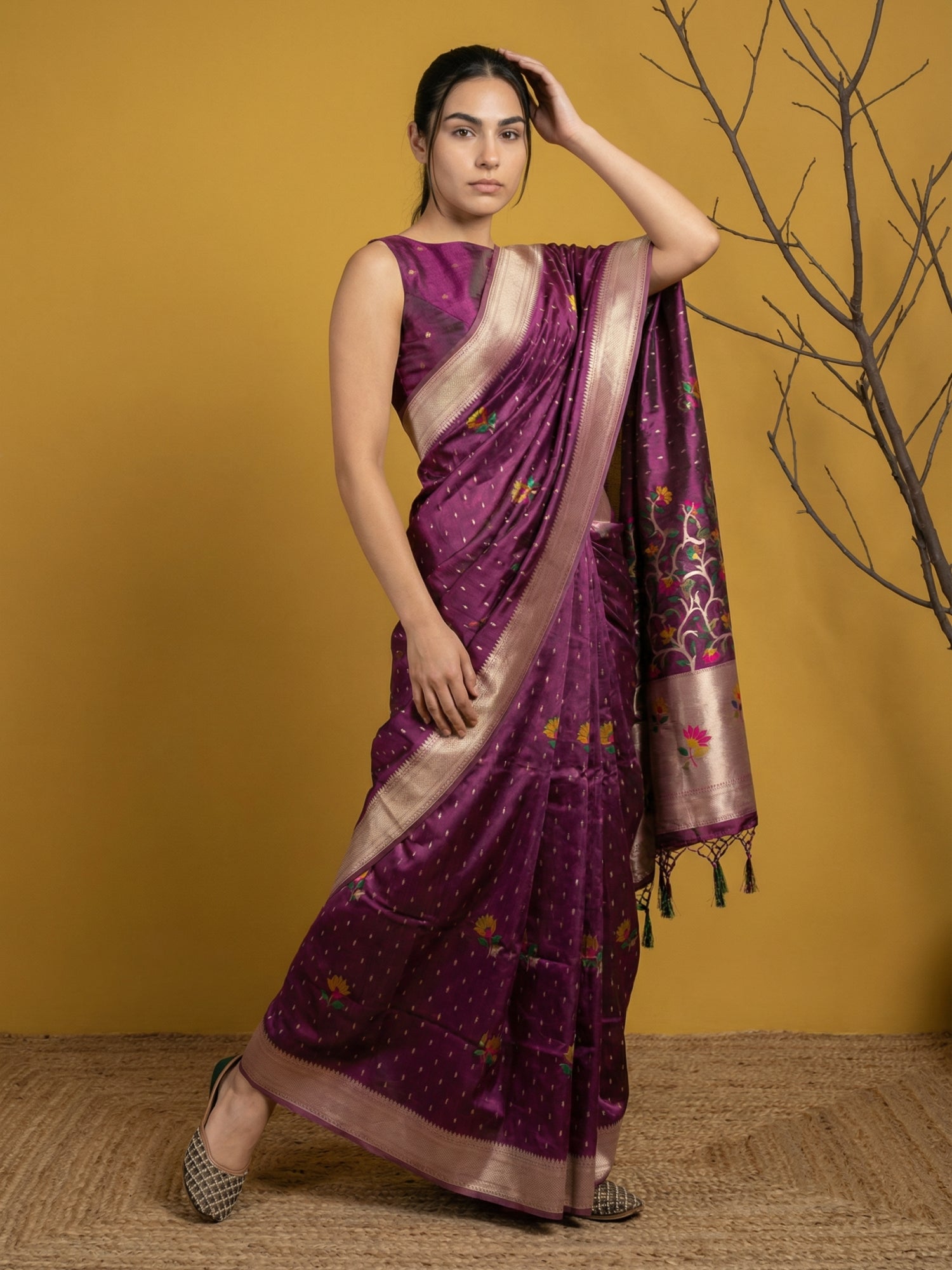 festive wear organza saree with rich meenakari woven detailing
