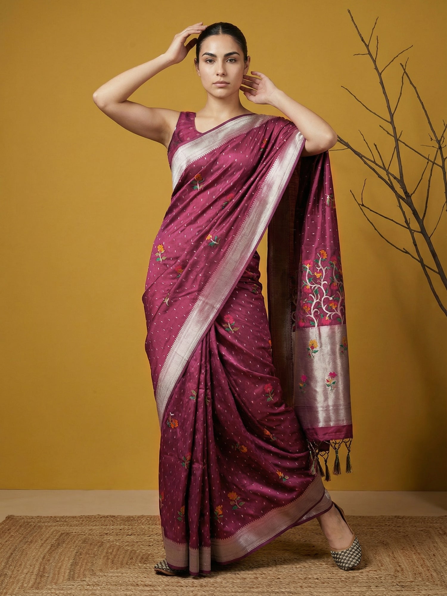 elegant festive organza saree with rich meenakari woven details