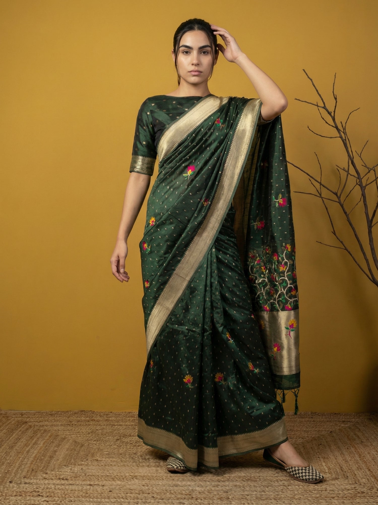 lightweight organza saree with artistic floral weaving and graceful drape
