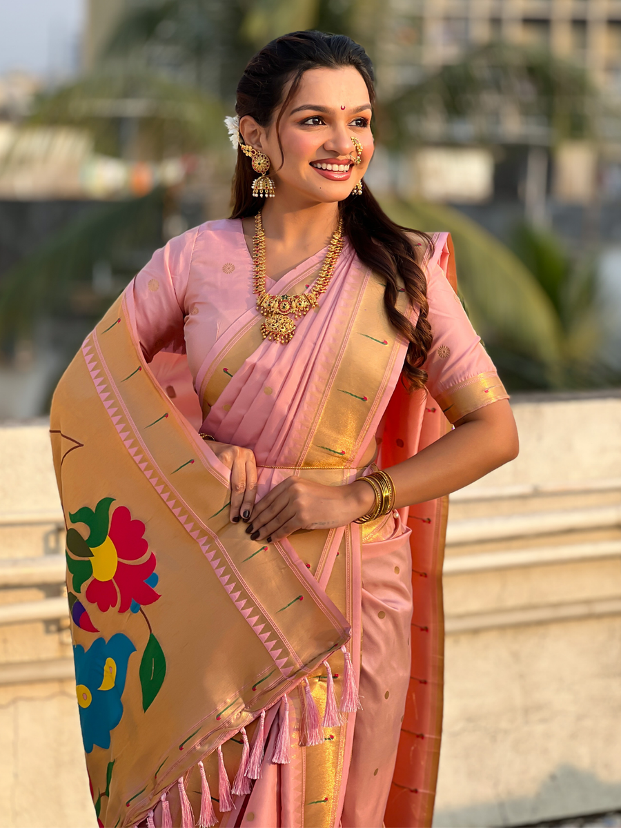 Baby Pink Wedding Special Nauvari Paithani Soft Silk Saree with Zari Woven Polka Motifs and Peacock Pallu
