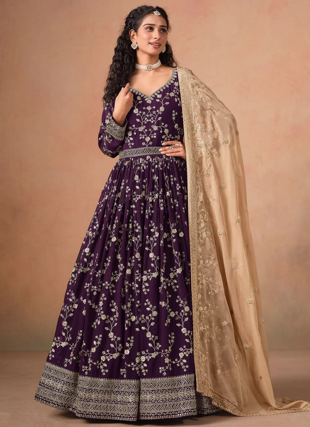 Purple embroidered georgette anarkali suit with organza dupatta