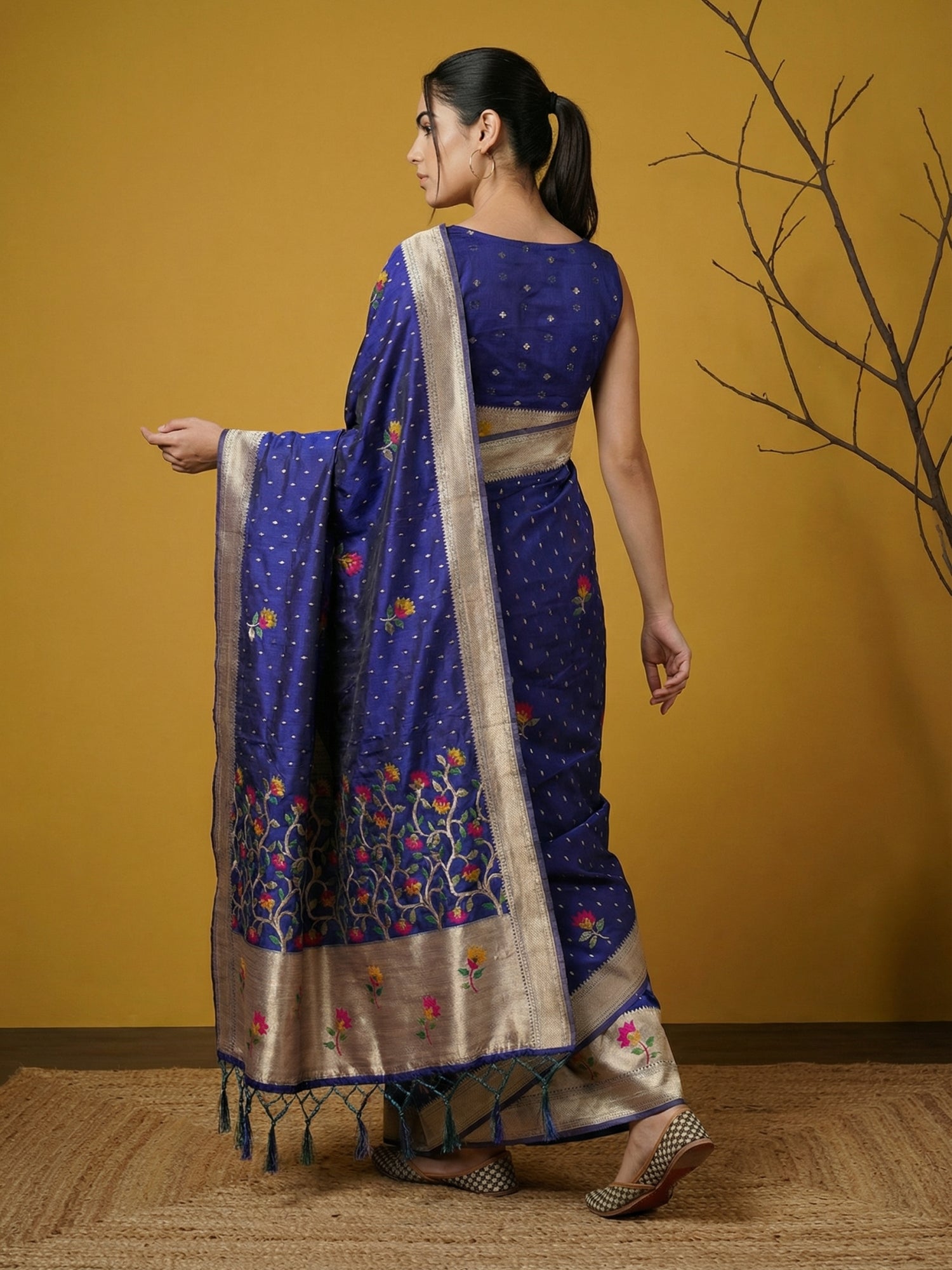 lightweight royal blue organza saree with artistic floral weaving