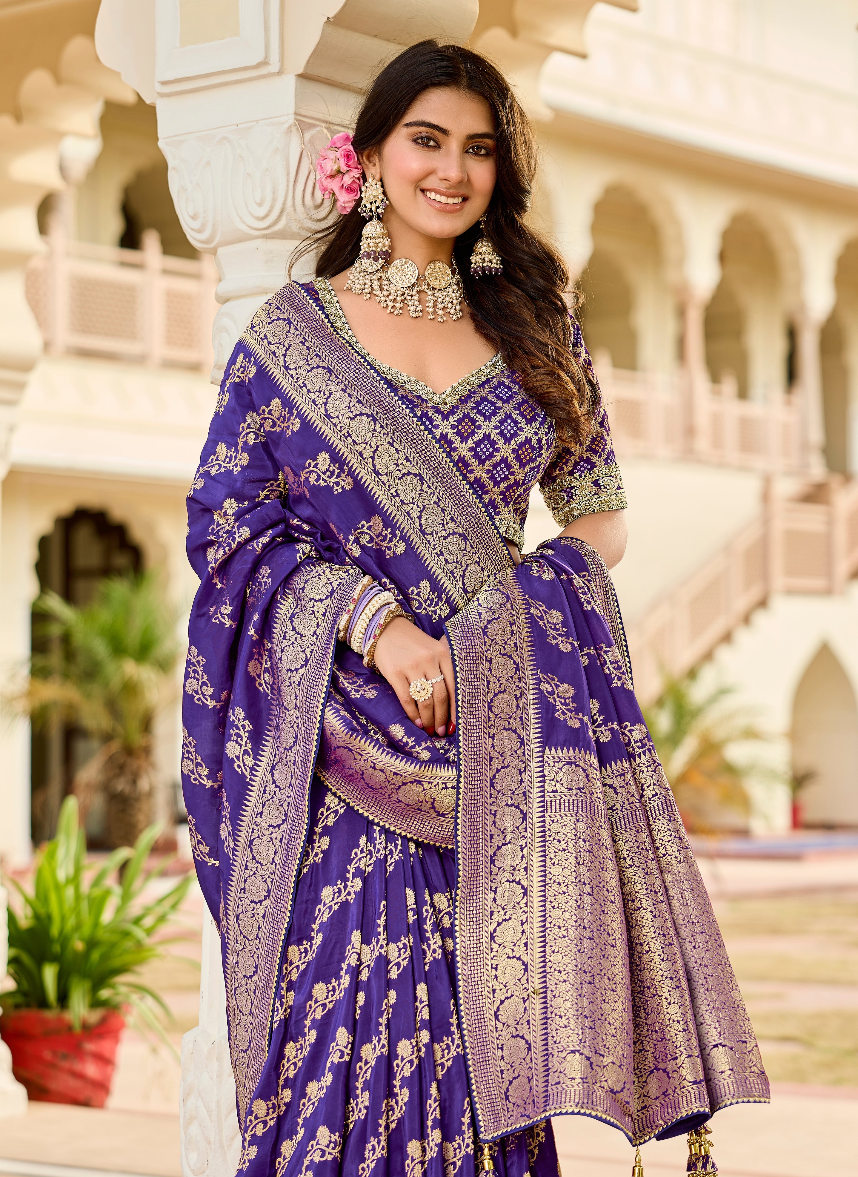 Festive Wear Jade Blue Saree with Golden Detailing - Gunj Fashion