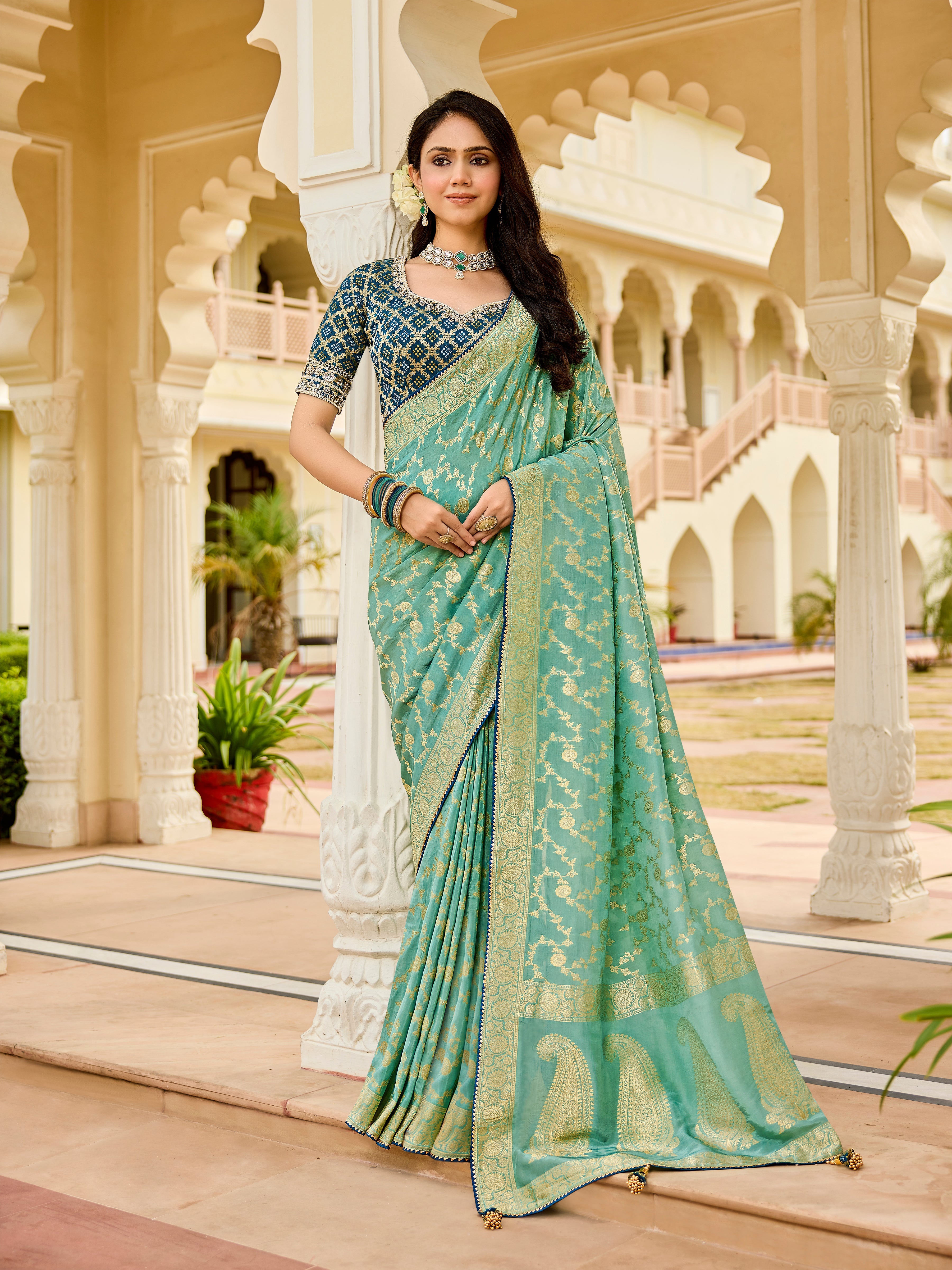 Elegant Sea Green Saree with Golden Weaving - Gunj Fashion