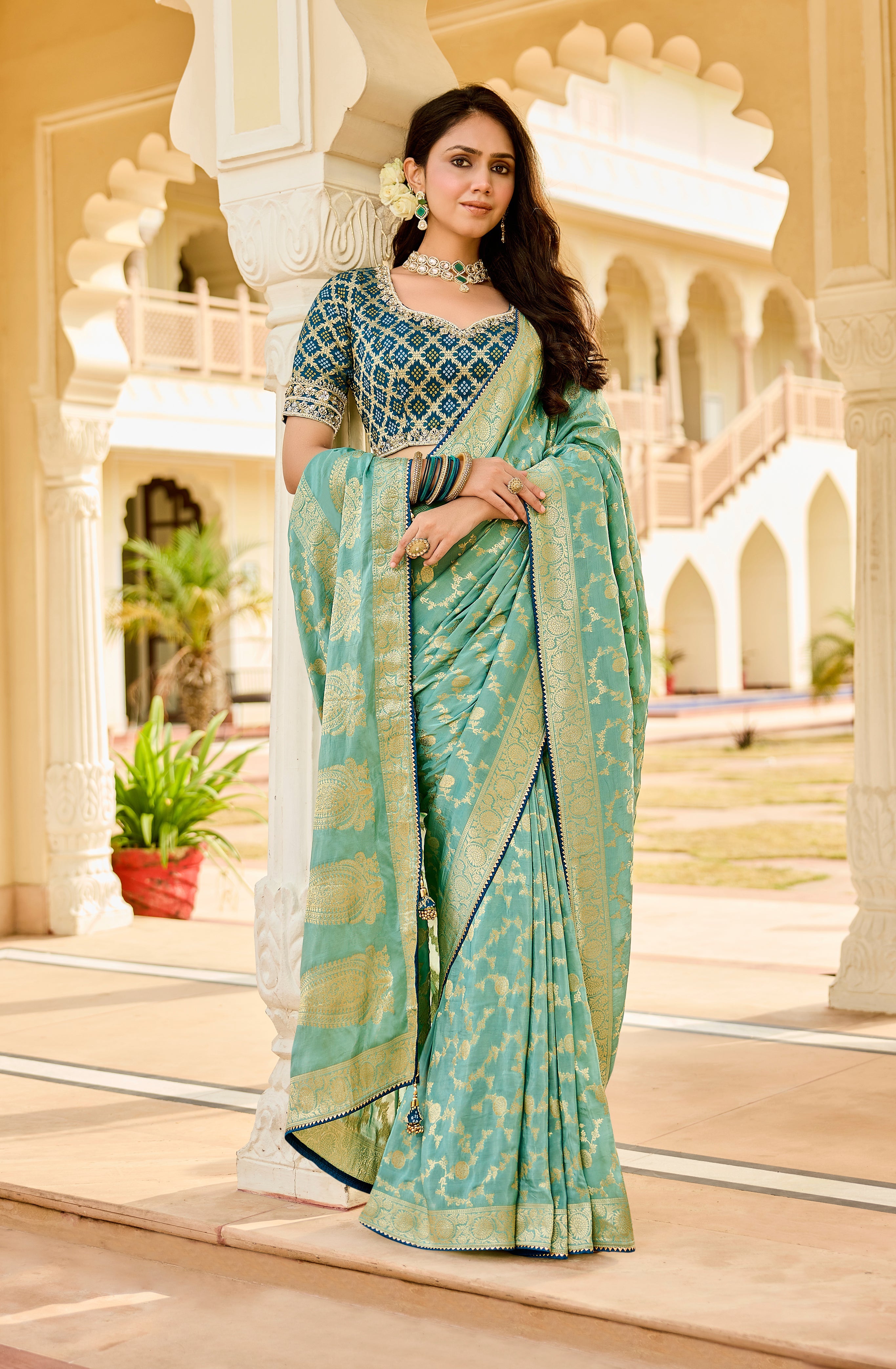 Elegant Sea Green Saree with Golden Weaving - Gunj Fashion