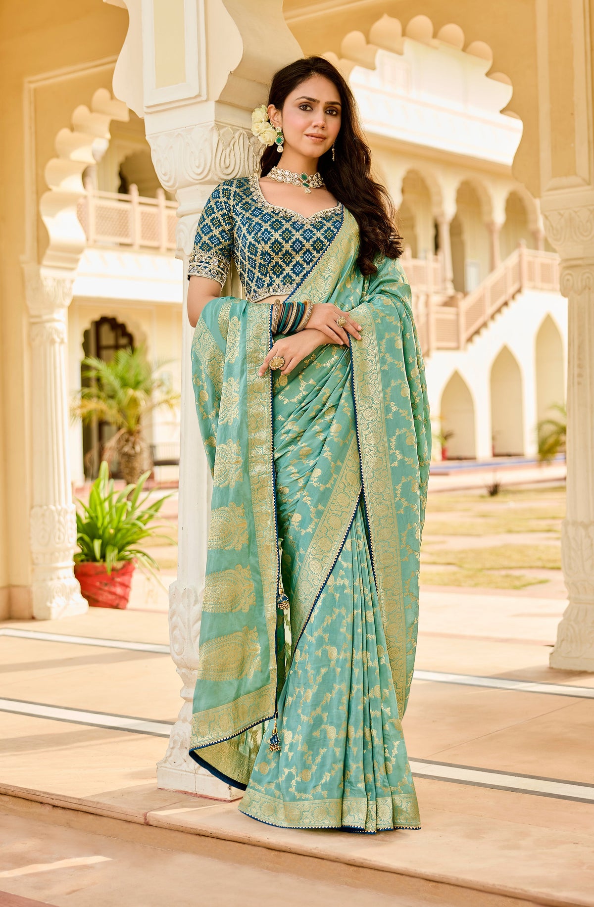 Elegant Sea Green Saree with Golden Weaving - Gunj Fashion