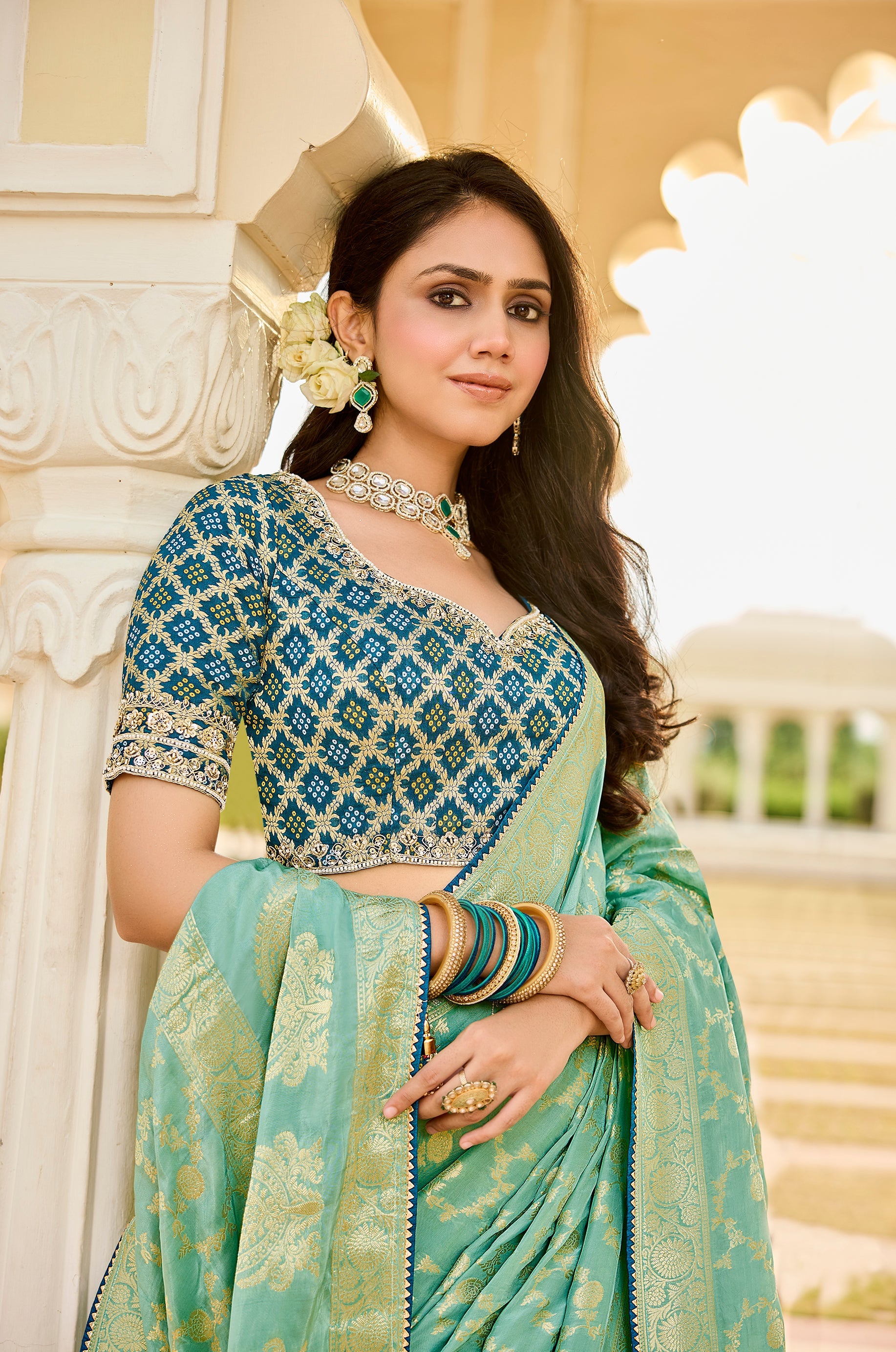 Elegant Sea Green Saree with Golden Weaving - Gunj Fashion