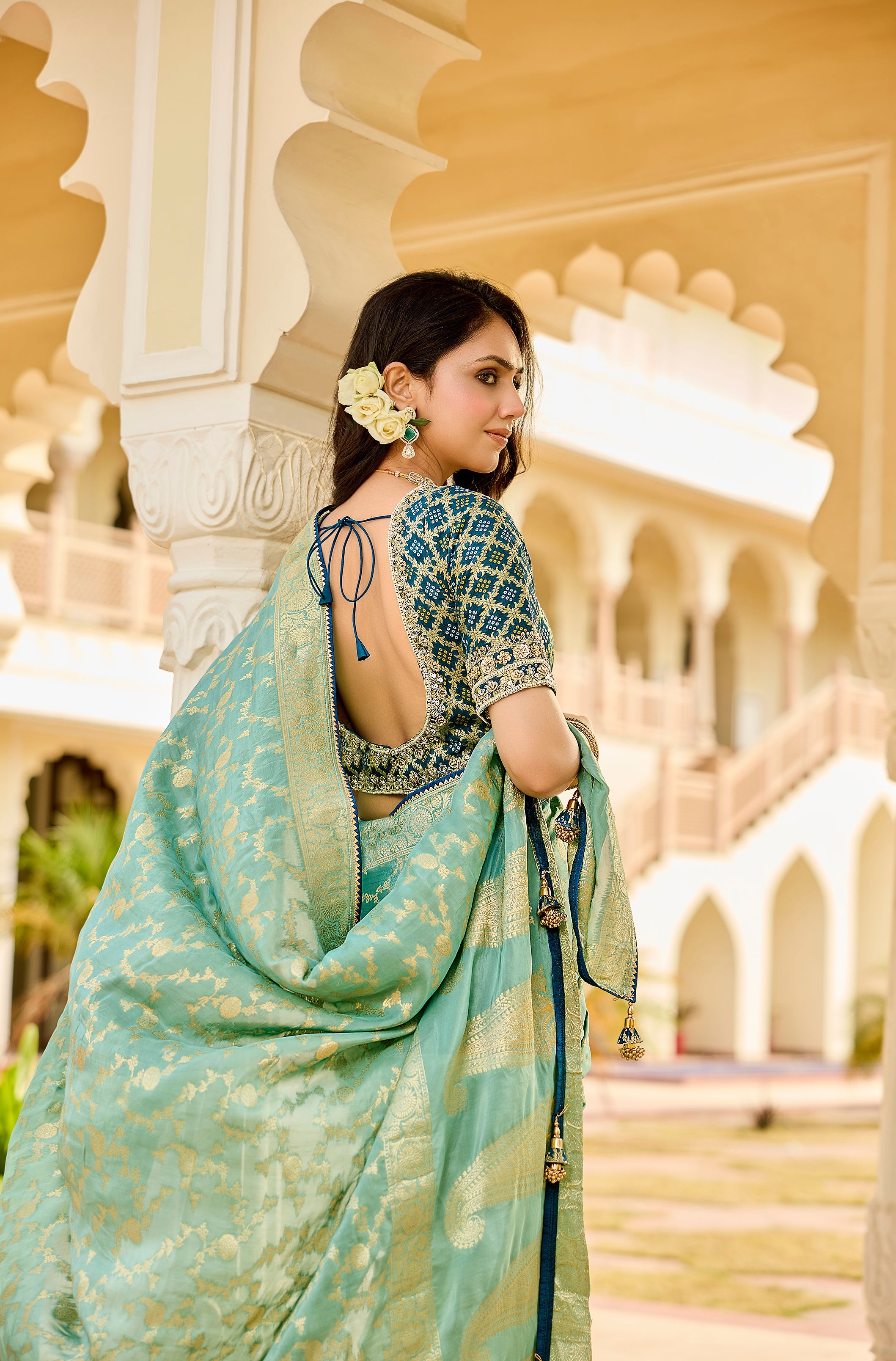 Elegant Sea Green Saree with Golden Weaving - Gunj Fashion