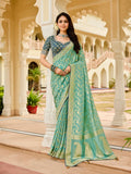 Elegant Sea Green Saree with Golden Weaving - Gunj Fashion