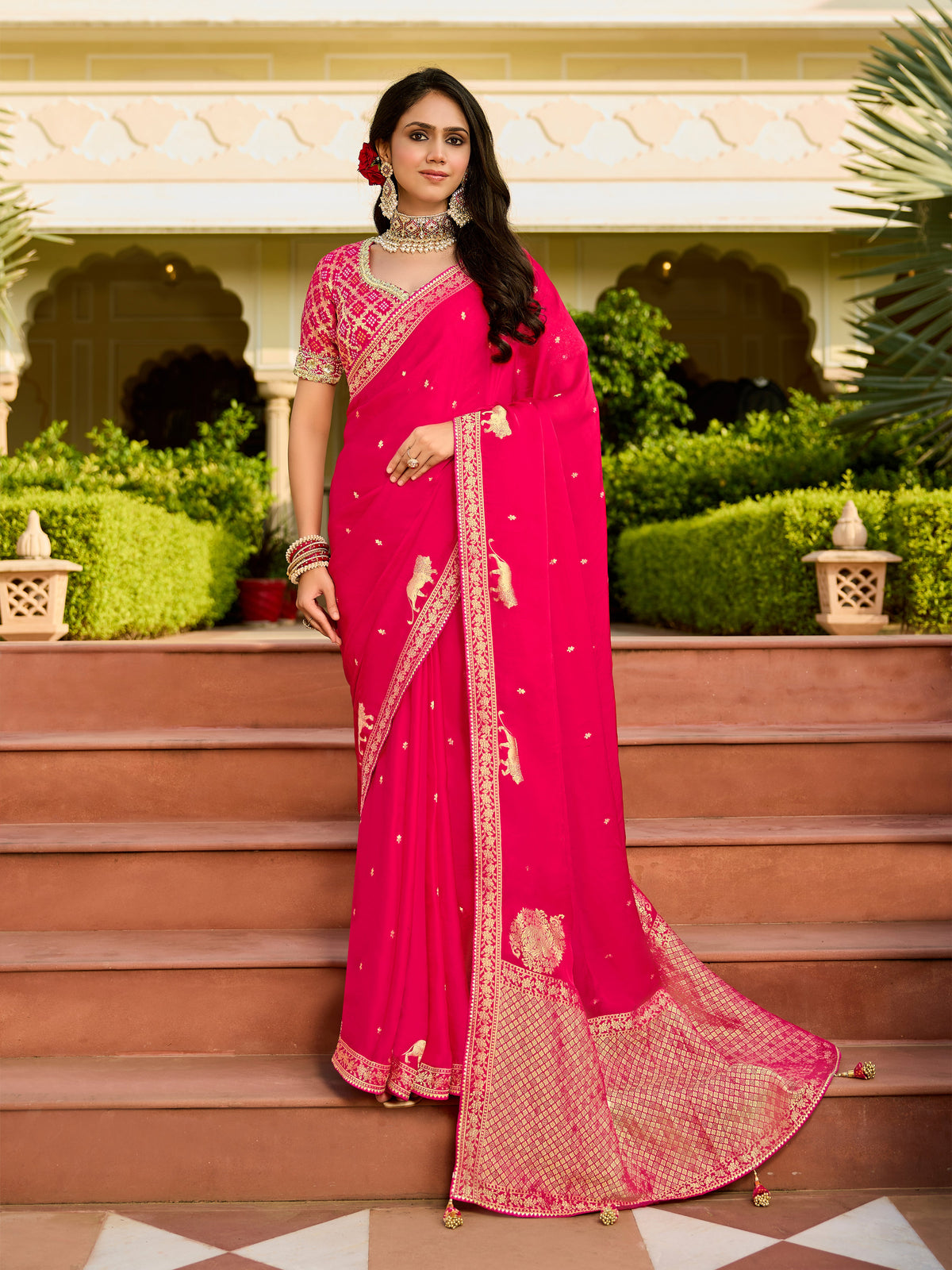 Bright Pink Saree with Embroidered Blouse | Elegant Festive & Wedding Wear - Gunj Fashion
