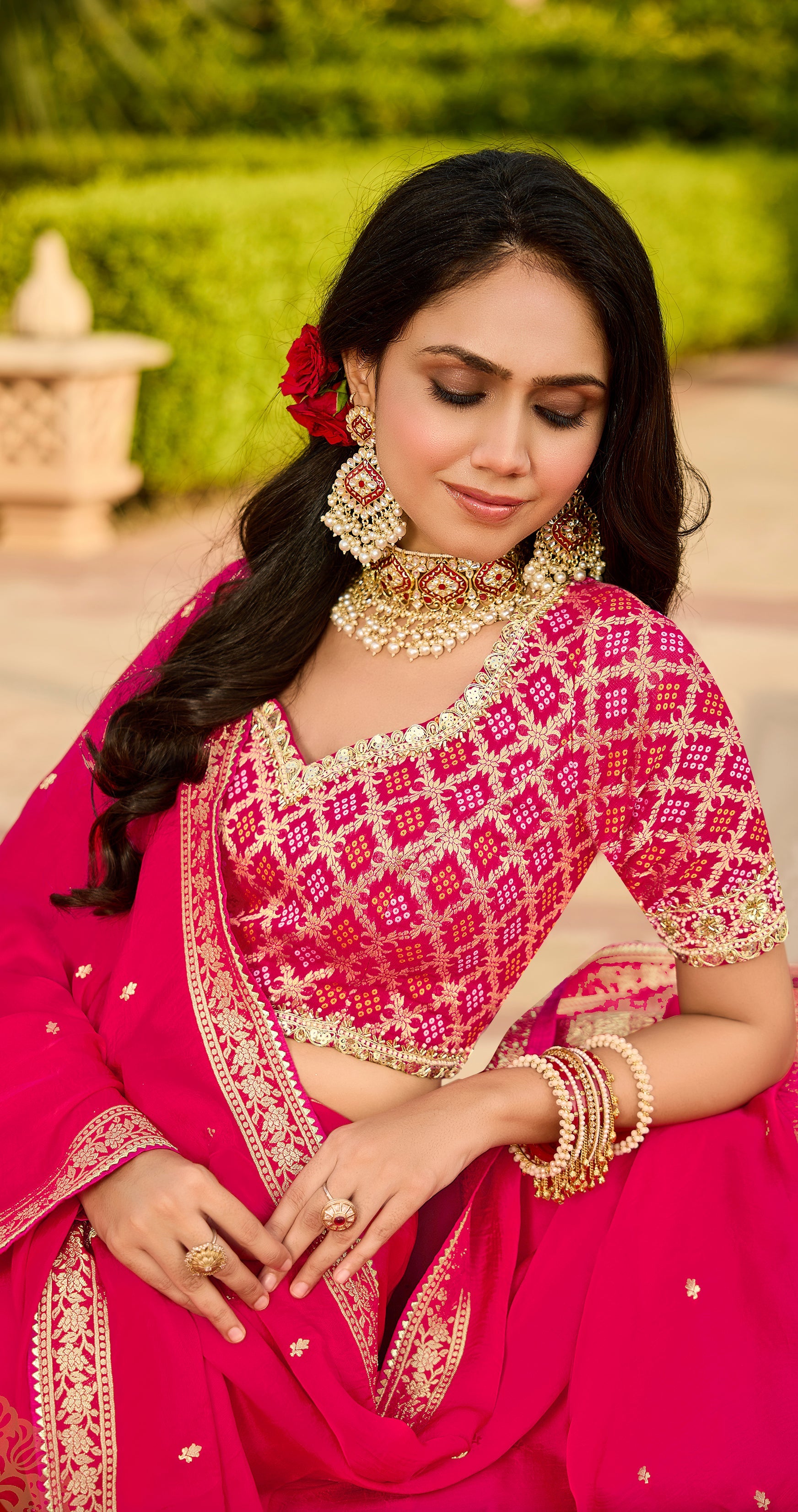 Bright Pink Saree with Embroidered Blouse | Elegant Festive & Wedding Wear - Gunj Fashion