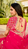 Bright Pink Saree with Embroidered Blouse | Elegant Festive & Wedding Wear - Gunj Fashion