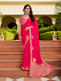 Bright Pink Saree with Embroidered Blouse | Elegant Festive & Wedding Wear - Gunj Fashion