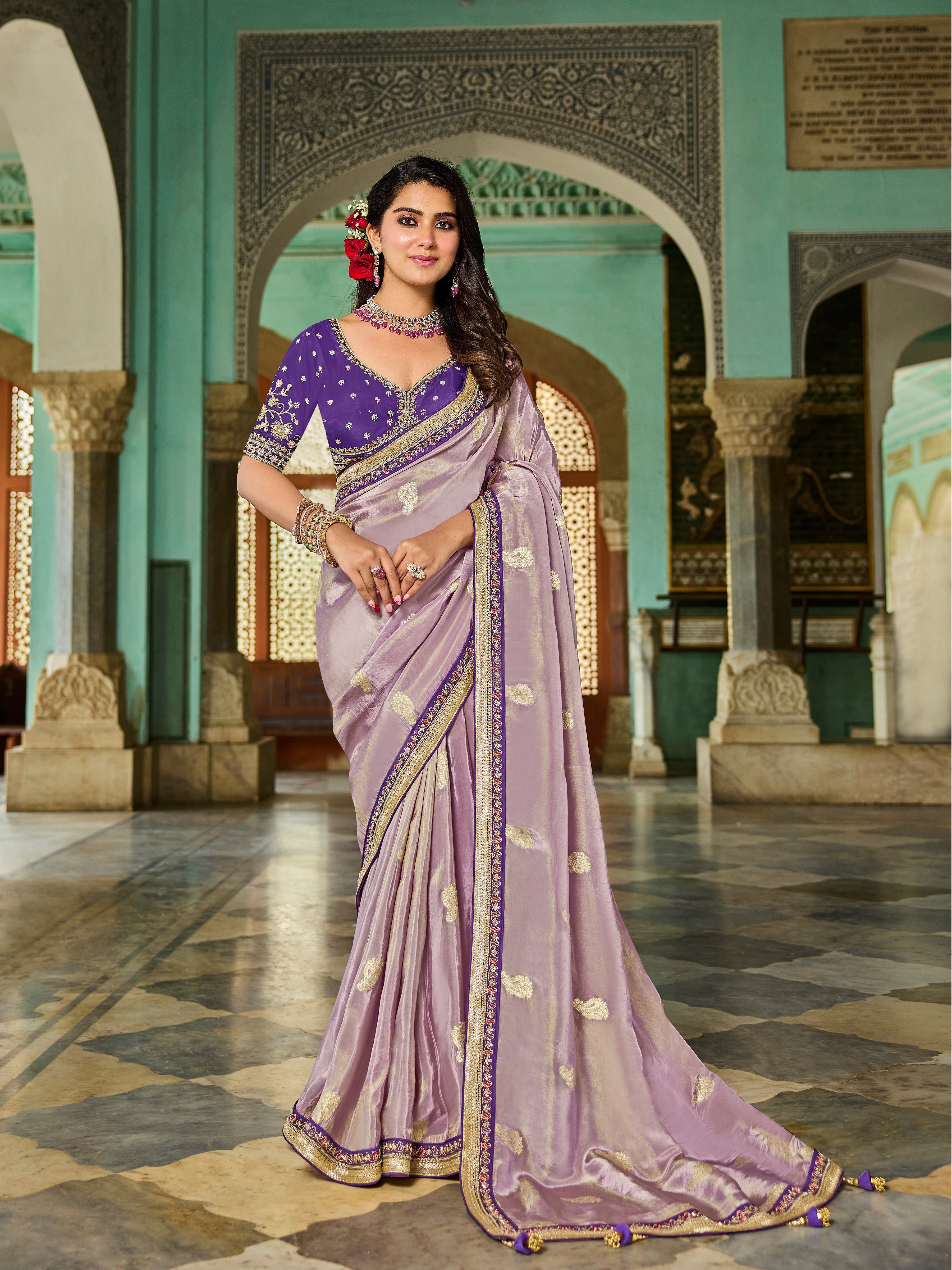 Orchid Purple Viscose Saree with Purple Embroidered Blouse - Gunj Fashion
