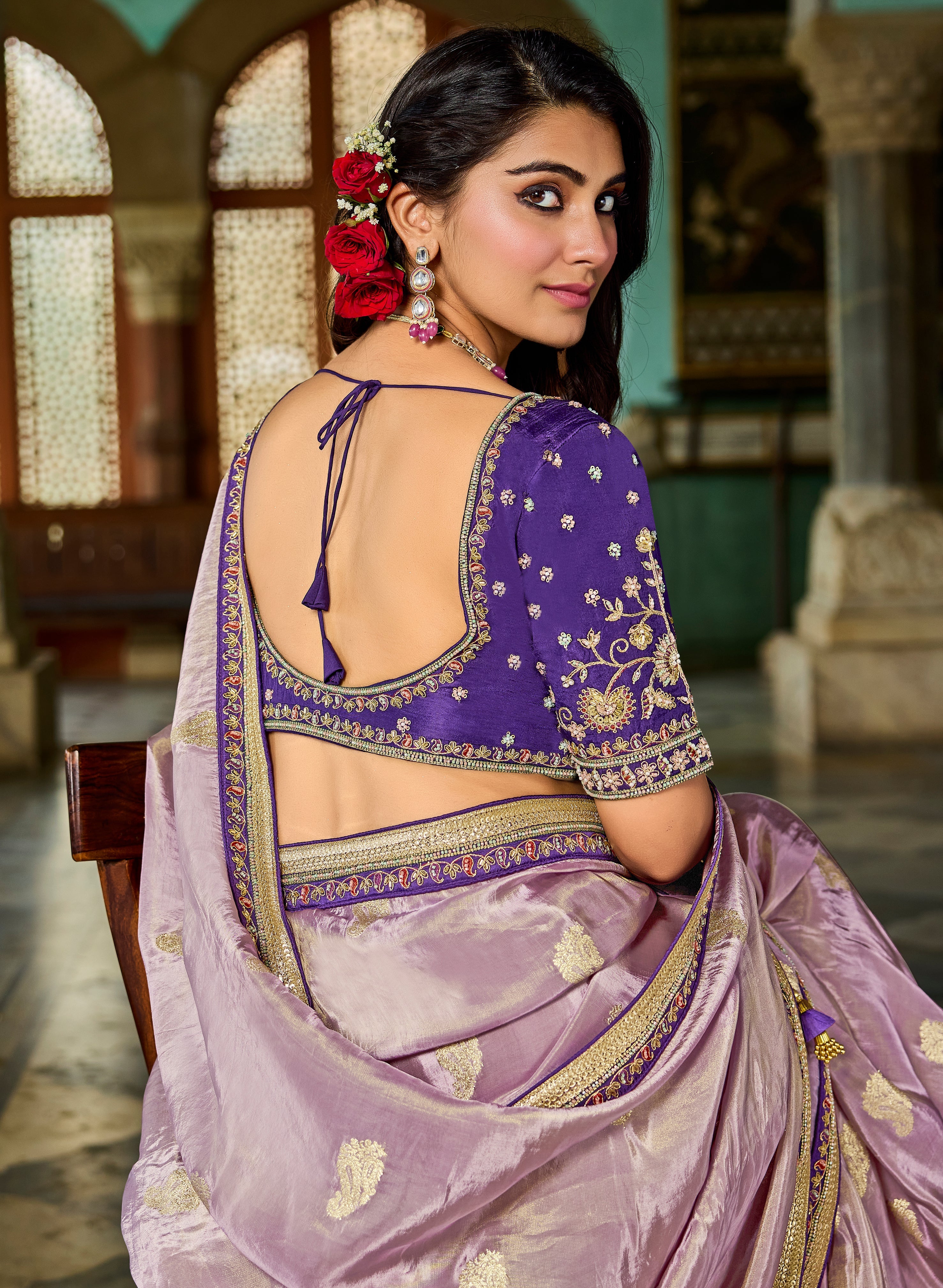 Orchid Purple Viscose Saree with Purple Embroidered Blouse - Gunj Fashion