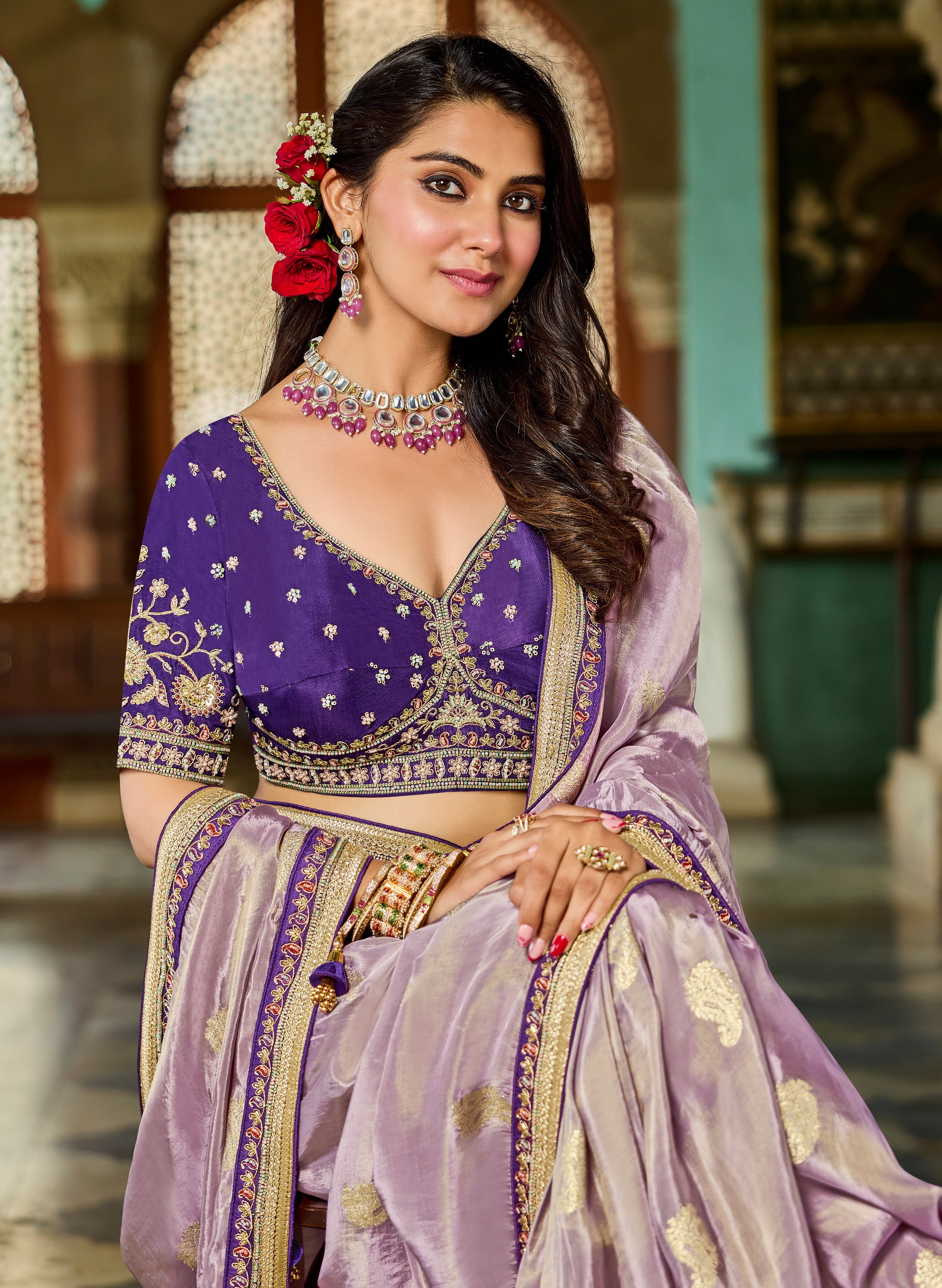 Orchid Purple Viscose Saree with Purple Embroidered Blouse - Gunj Fashion