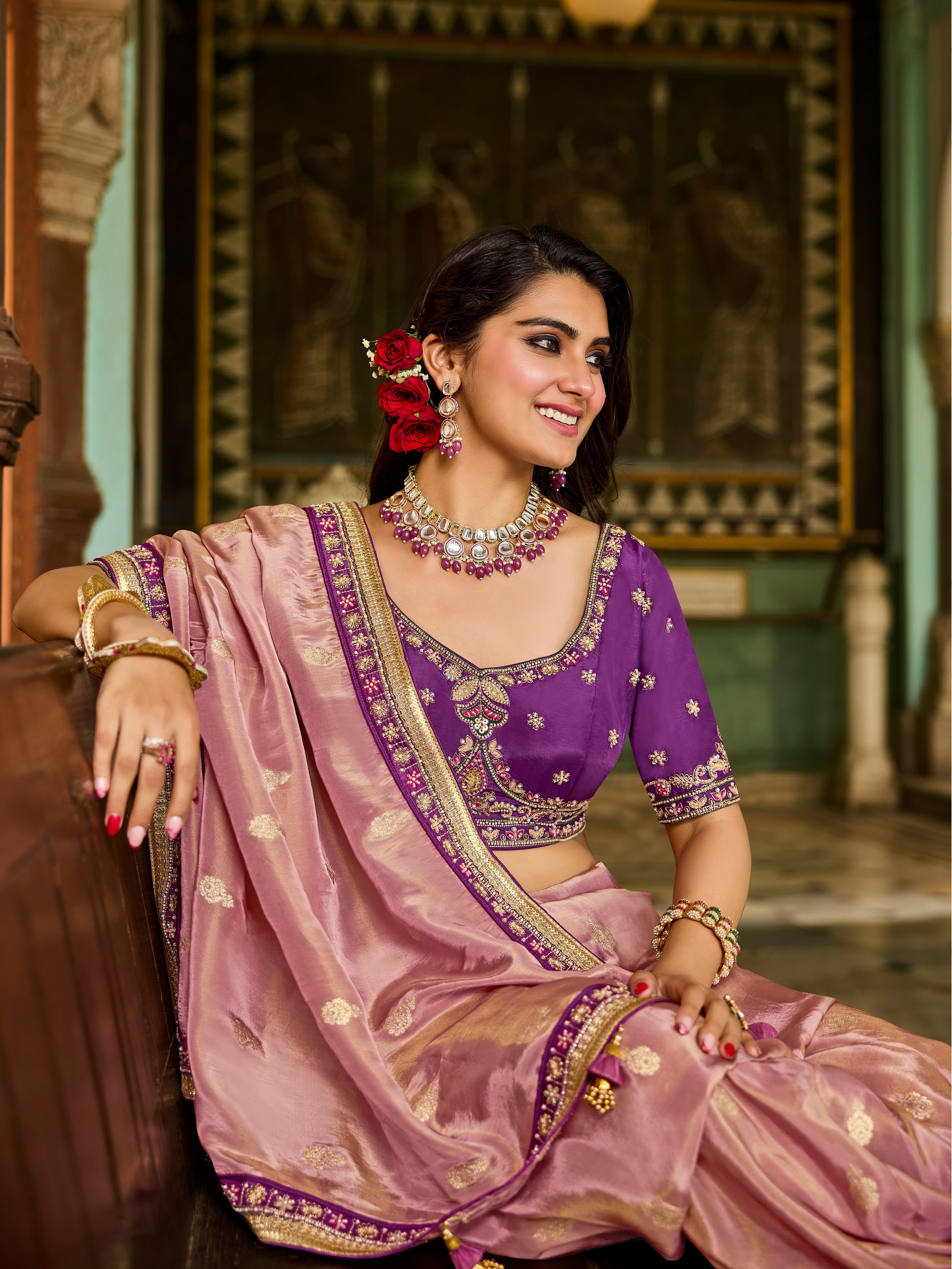 Pastel Pink Viscose Saree with Purple Blouse - Gunj Fashion