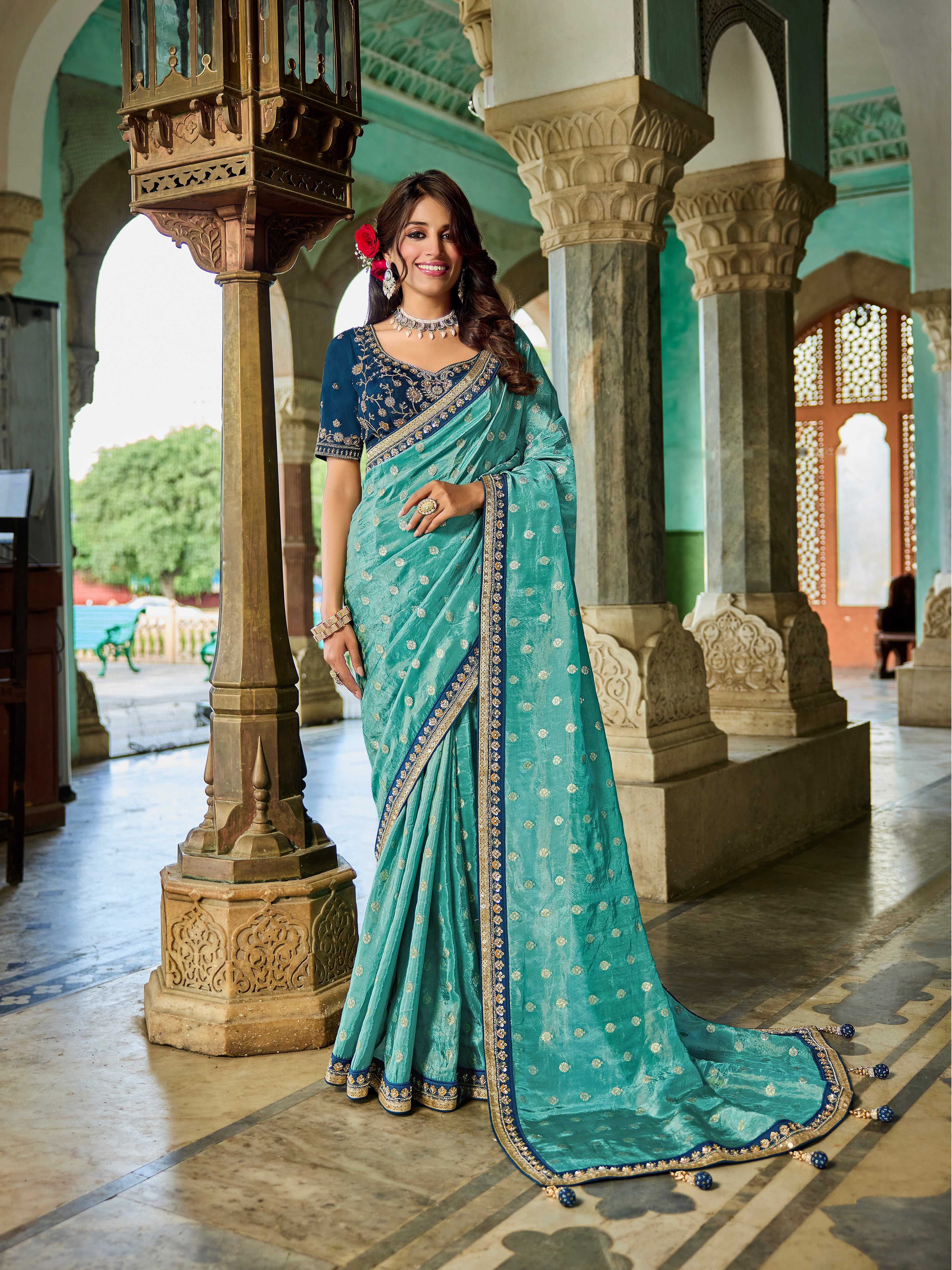 Royal Teal Blue Viscose Saree with Navy Blue Embroidered Blouse - Gunj Fashion