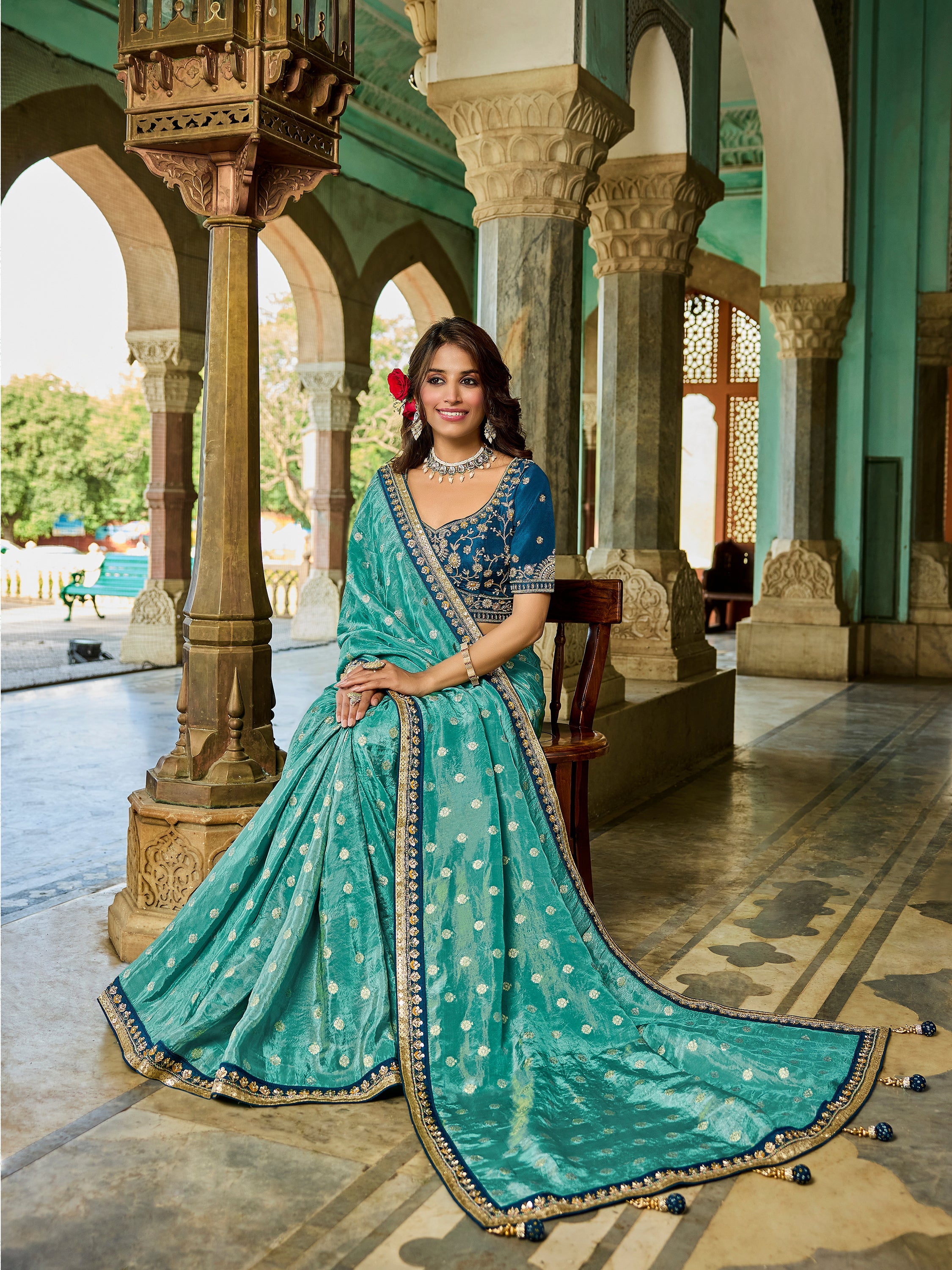 Royal Teal Blue Viscose Saree with Navy Blue Embroidered Blouse - Gunj Fashion