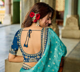 Royal Teal Blue Viscose Saree with Navy Blue Embroidered Blouse - Gunj Fashion