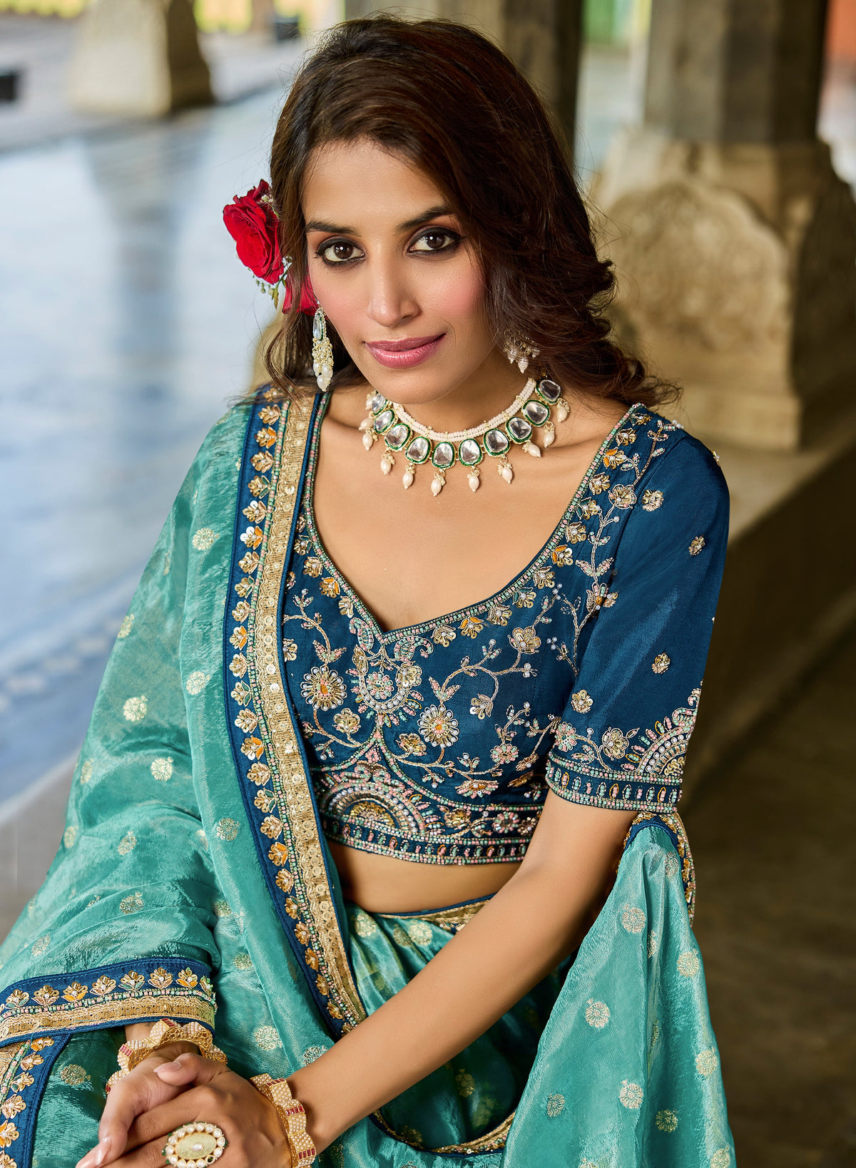 Royal Teal Blue Viscose Saree with Navy Blue Embroidered Blouse - Gunj Fashion