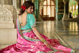 Royal Pink Saree | Golden Motif Detailing with Turquoise Contrast Blouse - Gunj Fashion