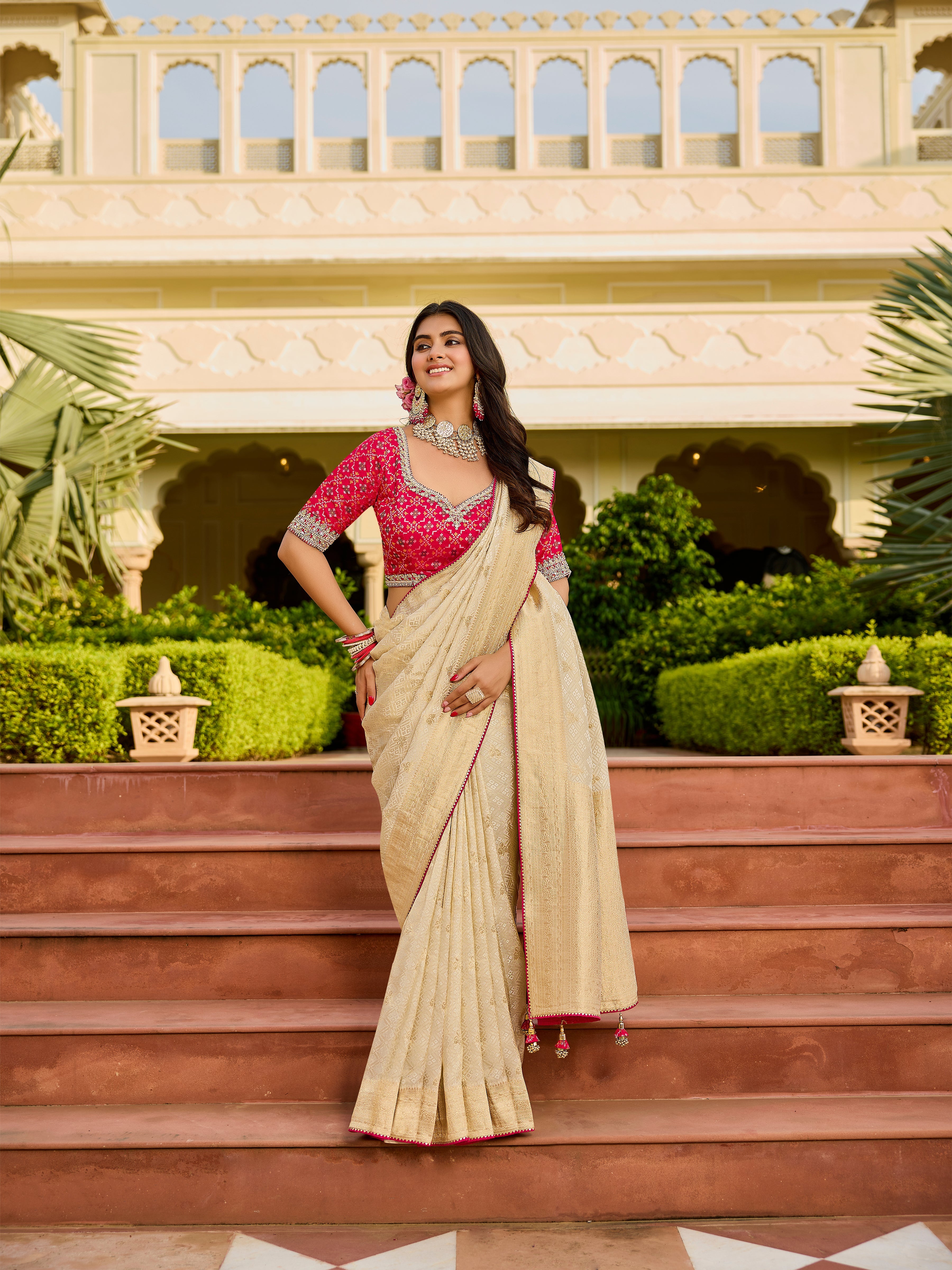 Premium Beige Saree with Pink Embroidered Blouse - Gunj Fashion