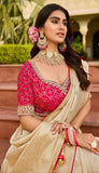 Premium Beige Saree with Pink Embroidered Blouse - Gunj Fashion