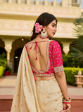 Premium Beige Saree with Pink Embroidered Blouse - Gunj Fashion