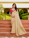 Premium Beige Saree with Pink Embroidered Blouse - Gunj Fashion
