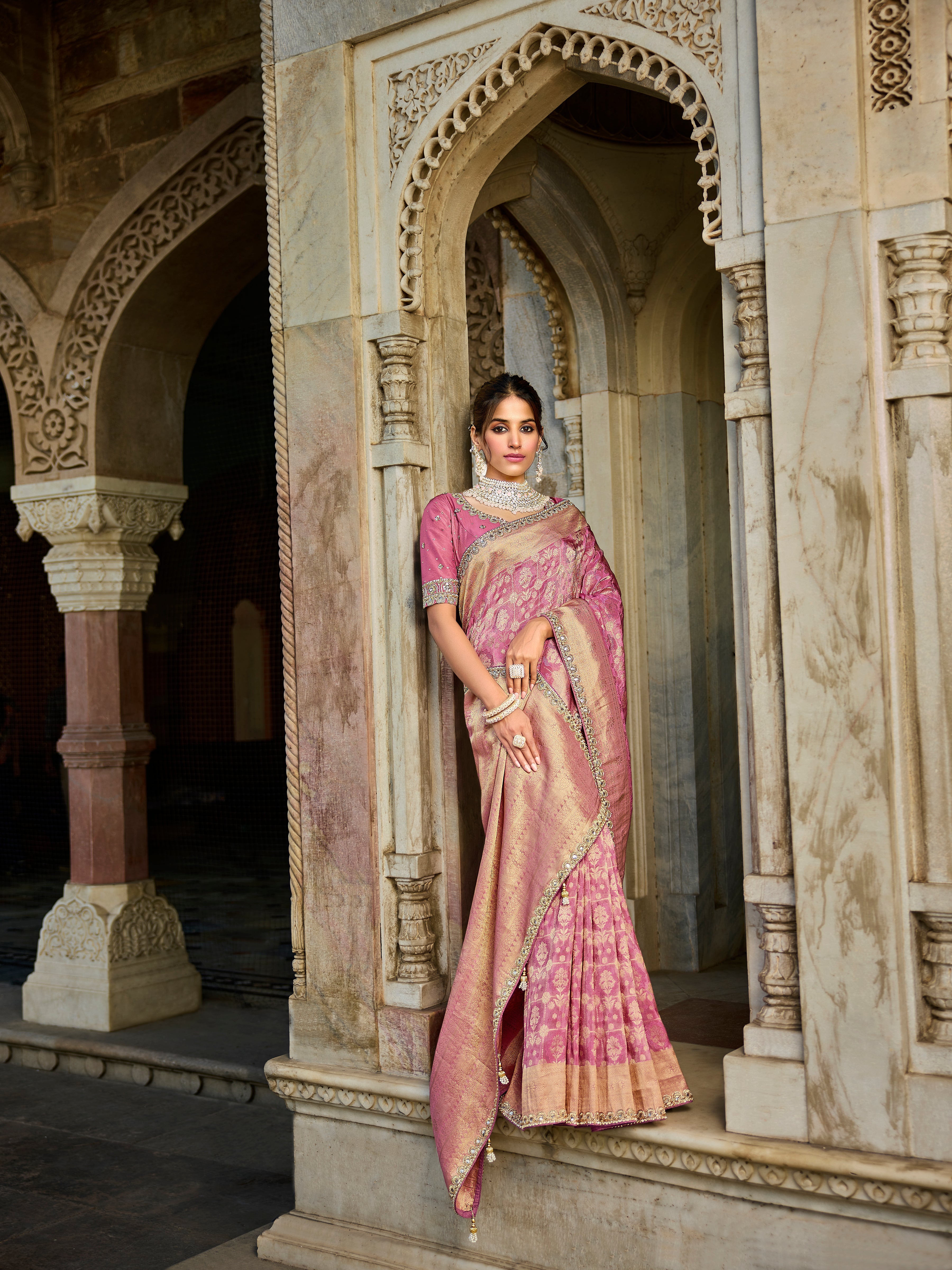 Blush Pink Viscose Blend Saree - Gunj Fashion