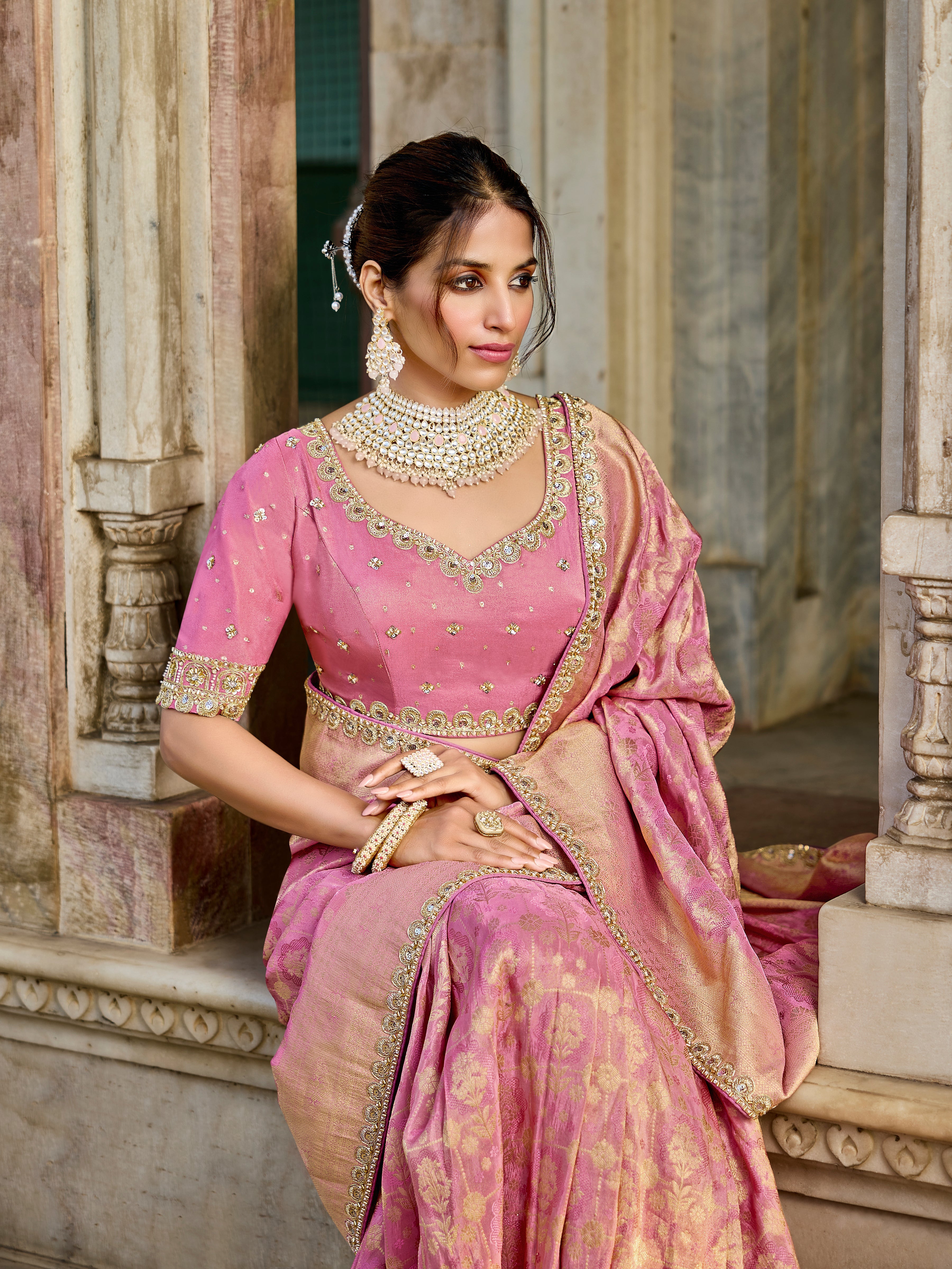 Blush Pink Viscose Blend Saree - Gunj Fashion