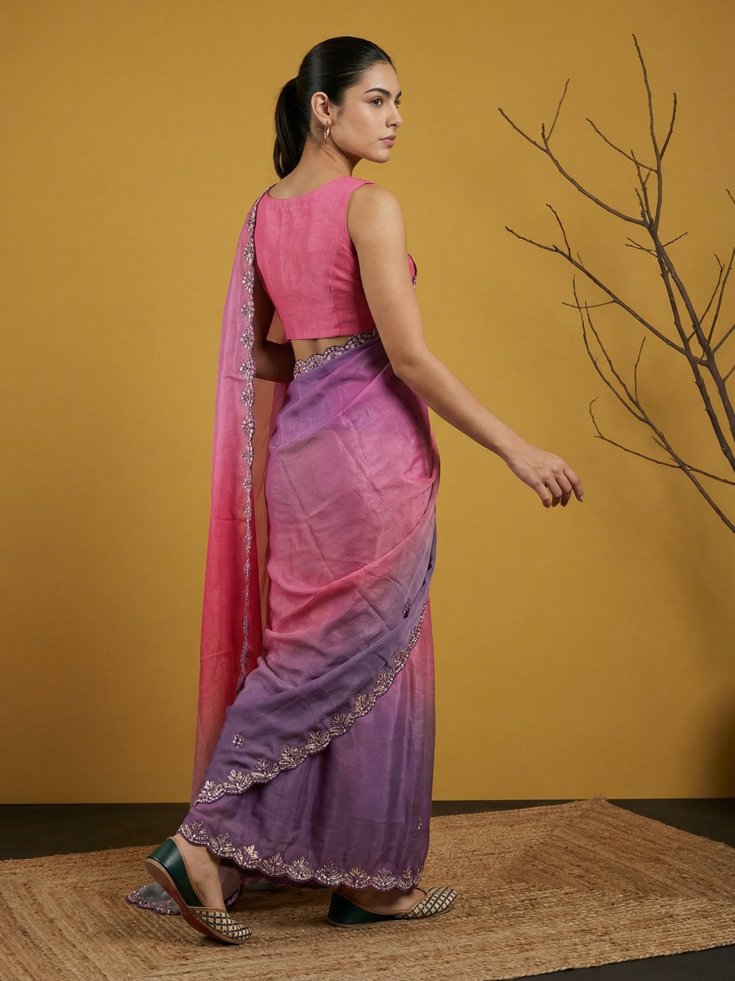luxury fendy satin saree with detailed gotapatti craftsmanship