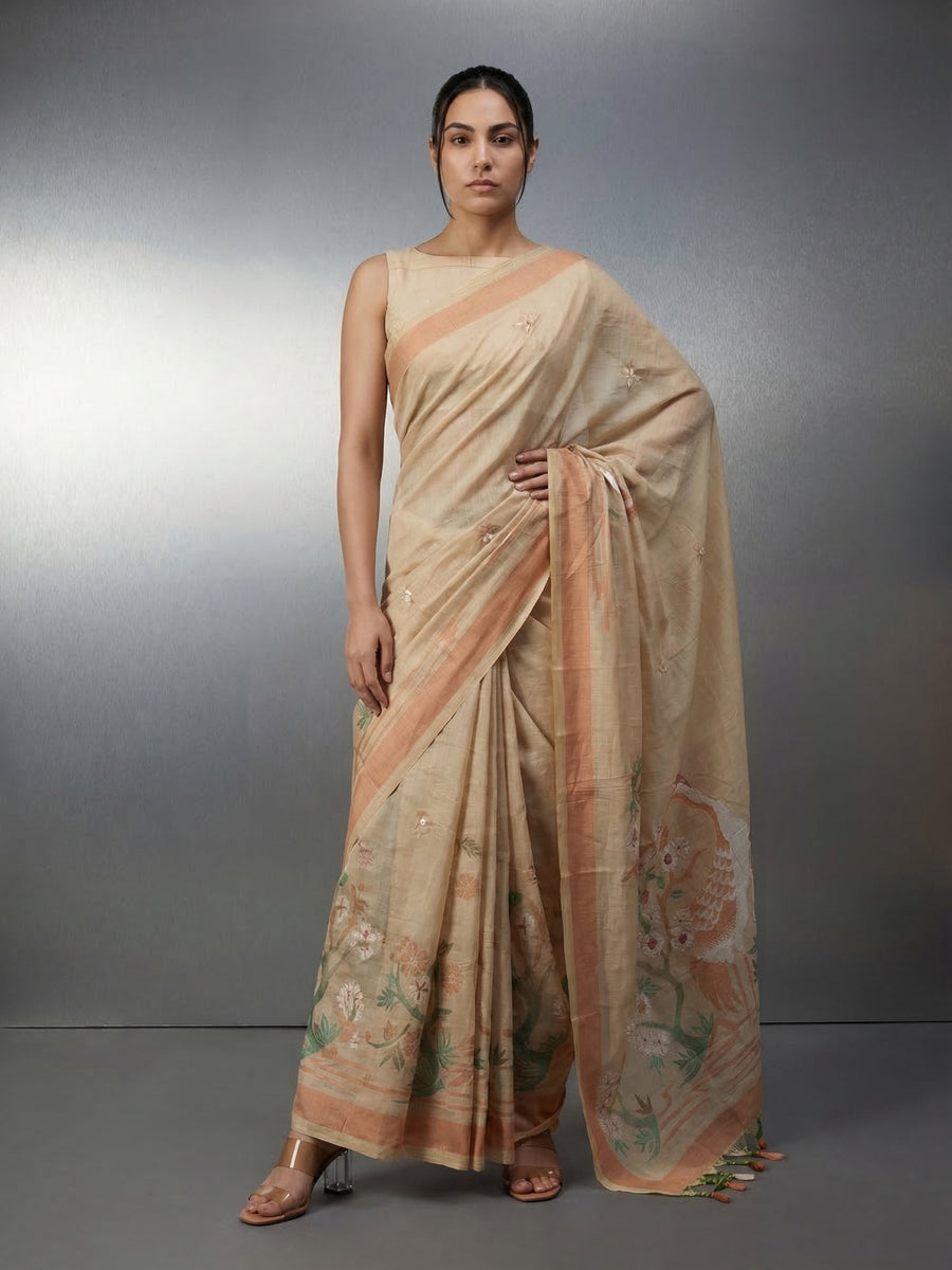 chikoo muga cotton saree with resham weaving and pencil art pallu
