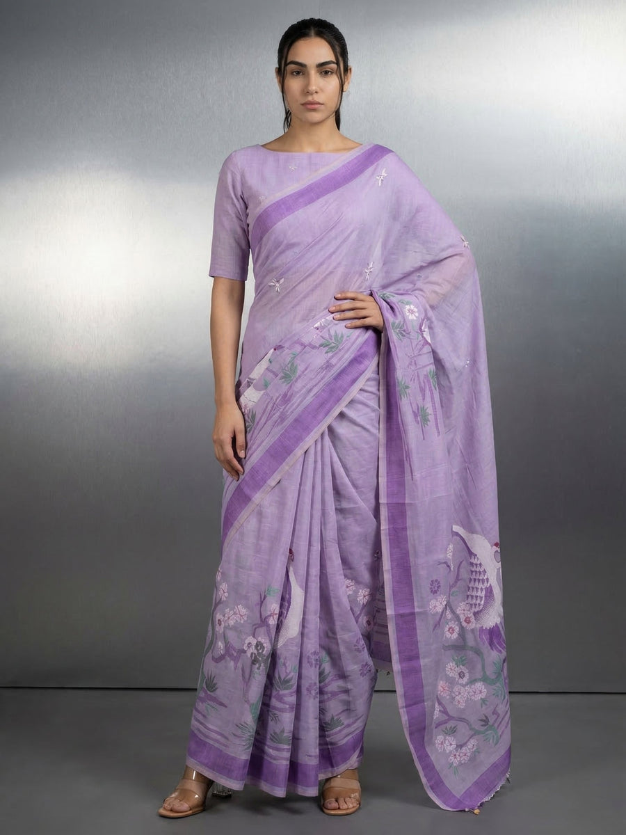 lavender muga cotton saree with resham weaving and pencil art pallu