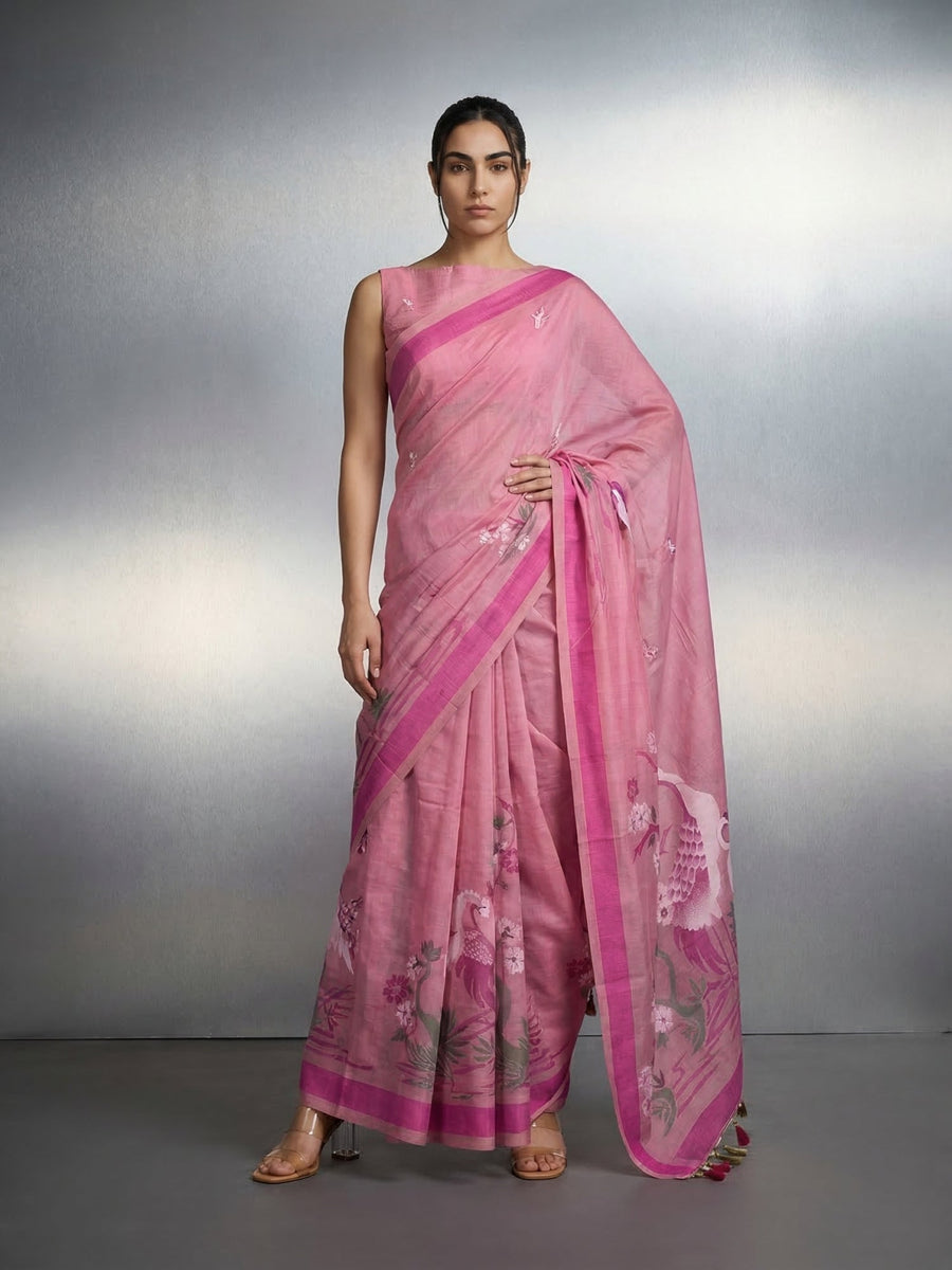 pink muga cotton saree with resham weaving and artistic pallu