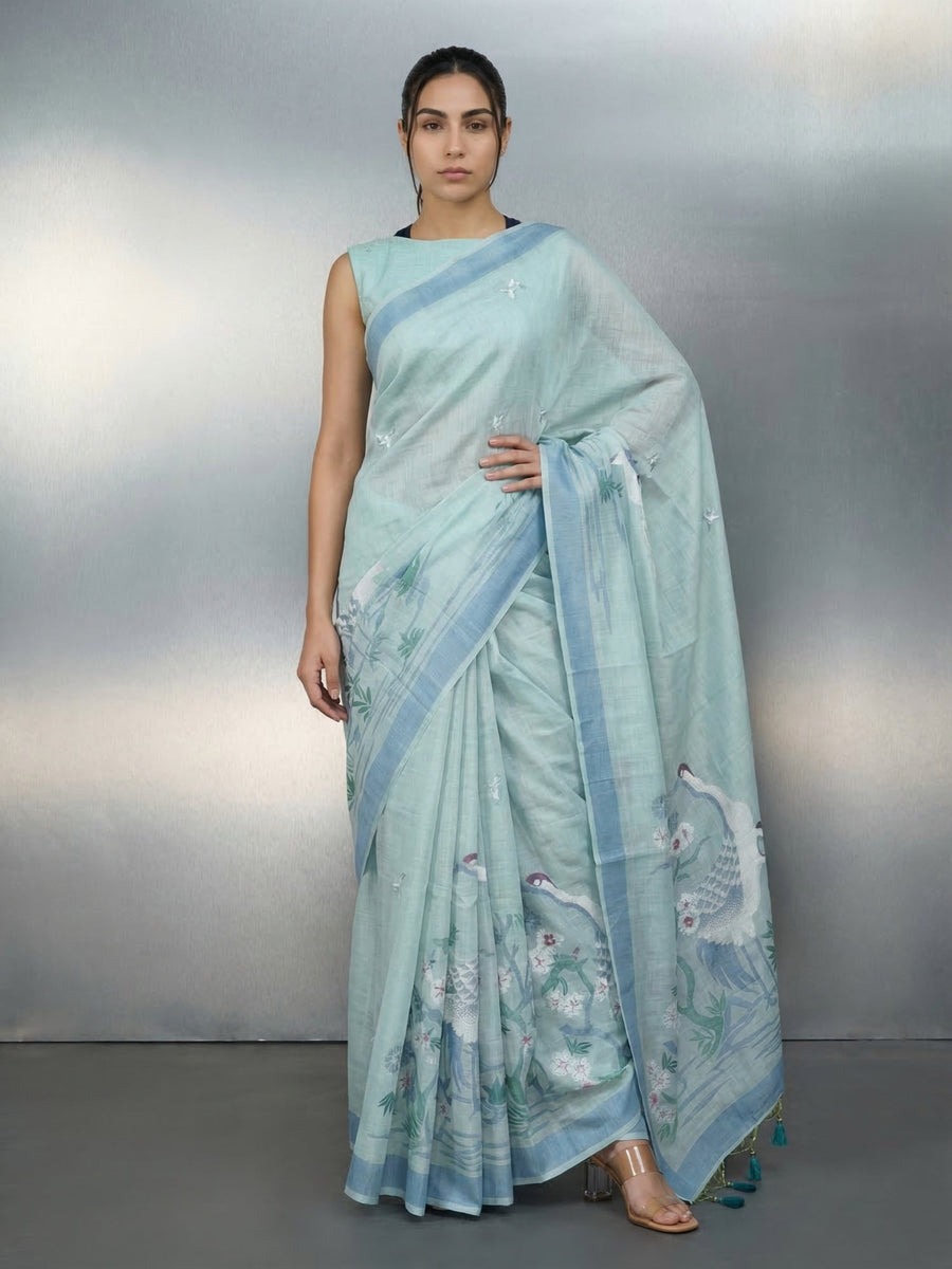 sky blue muga cotton saree with resham woven pencil art pallu