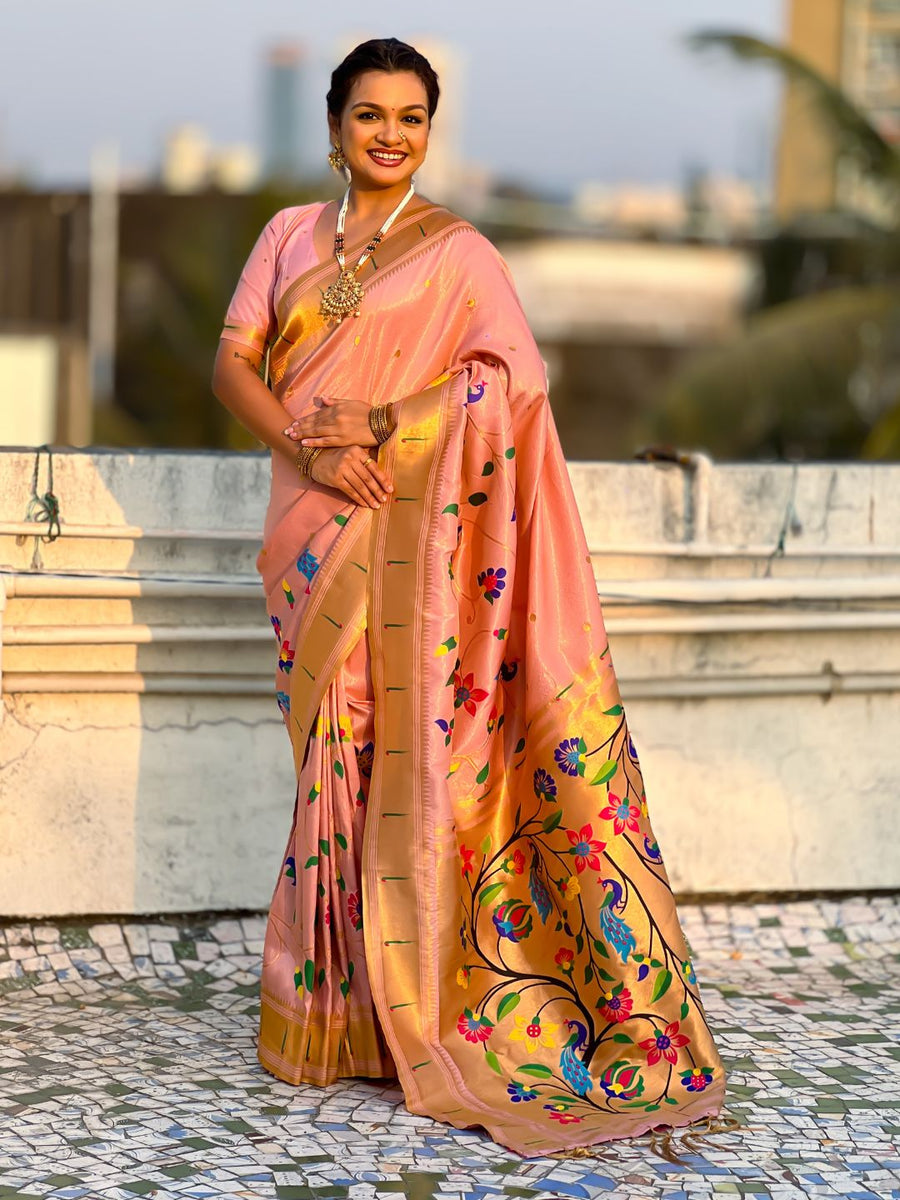 baby pink bamboo tissue silk saree with meenakari zari weaving