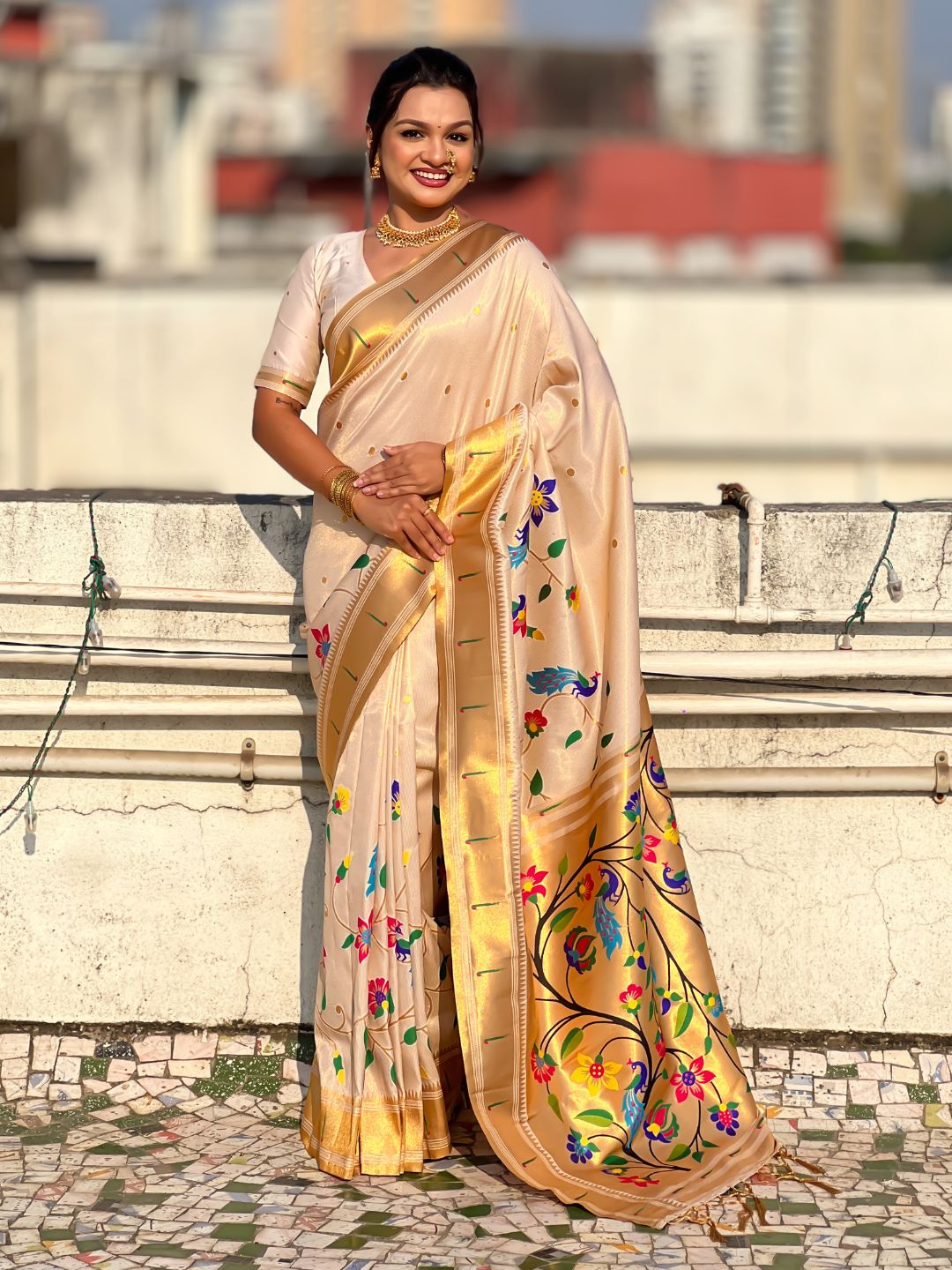 white bamboo tissue silk saree with meenakari zari weaving