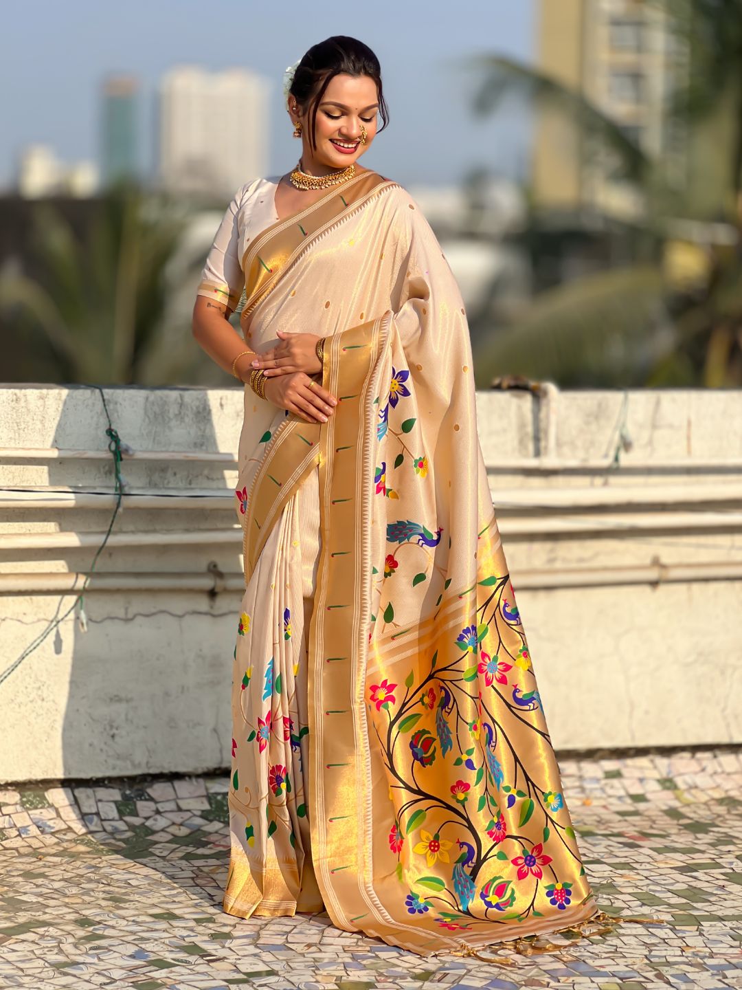 half half tissue silk saree with rich woven meenakari pallu