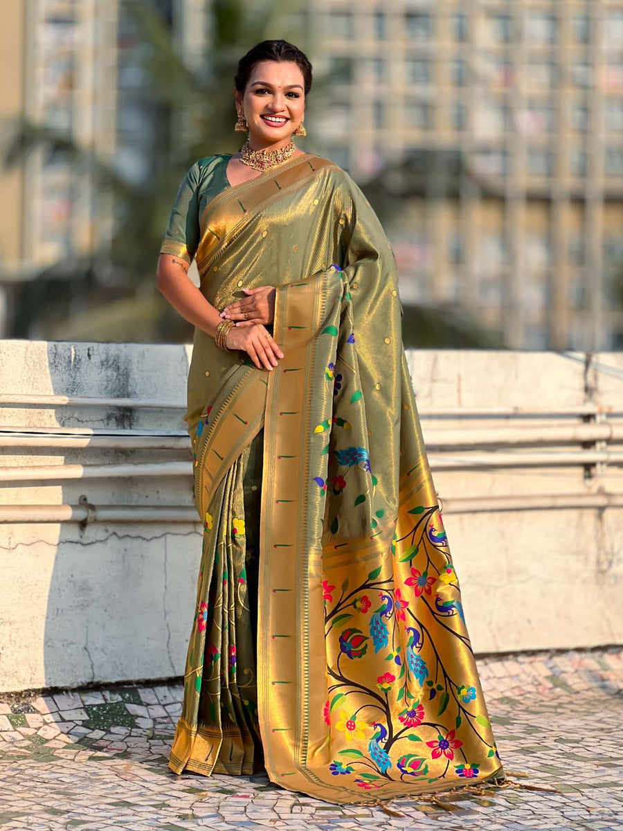 green bamboo tissue silk saree with meenakari zari weaving