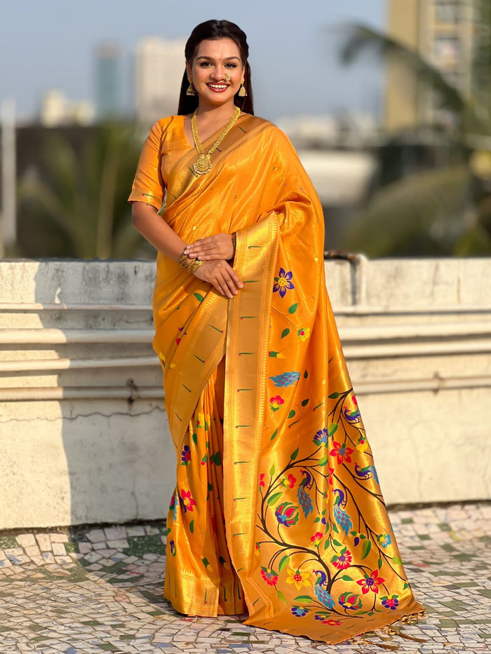 yellow bamboo tissue silk saree with meenakari zari weaving